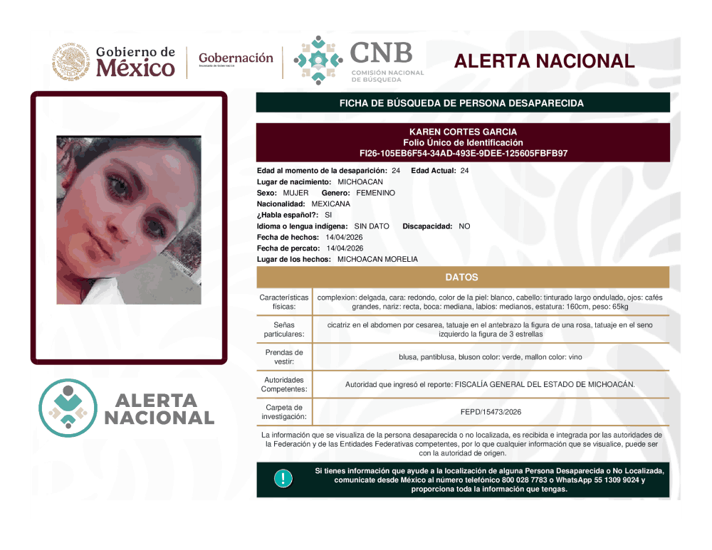 Persona desaparecida Karen Cortés García