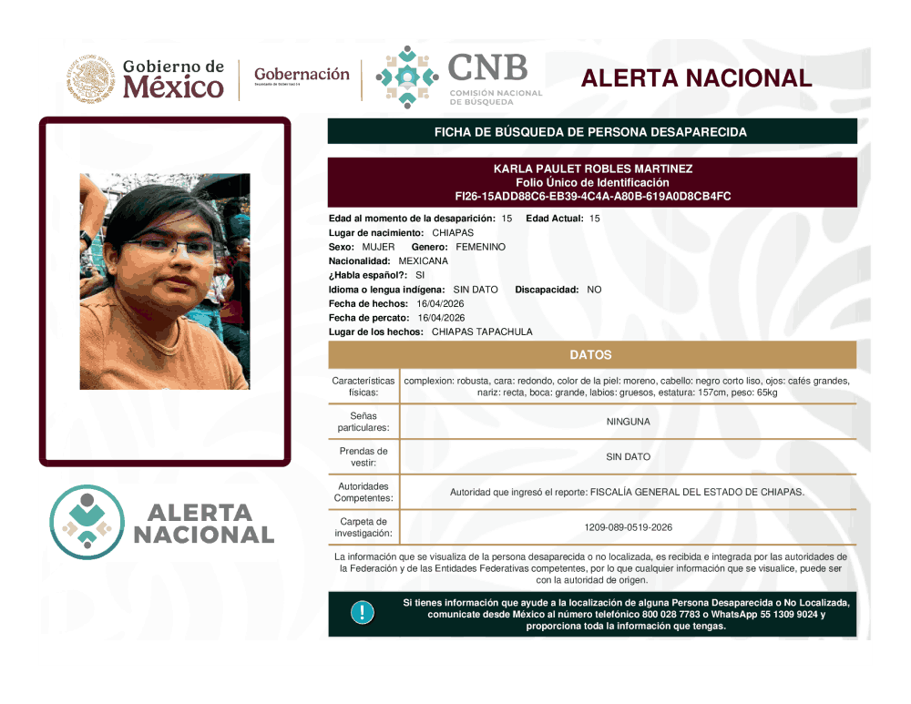Persona desaparecida Karla Paulet Robles Martínez