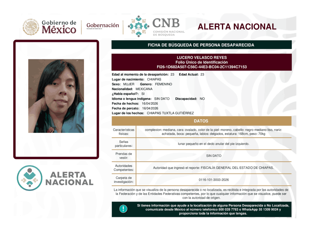 Persona desaparecida Lucero Velasco Reyes