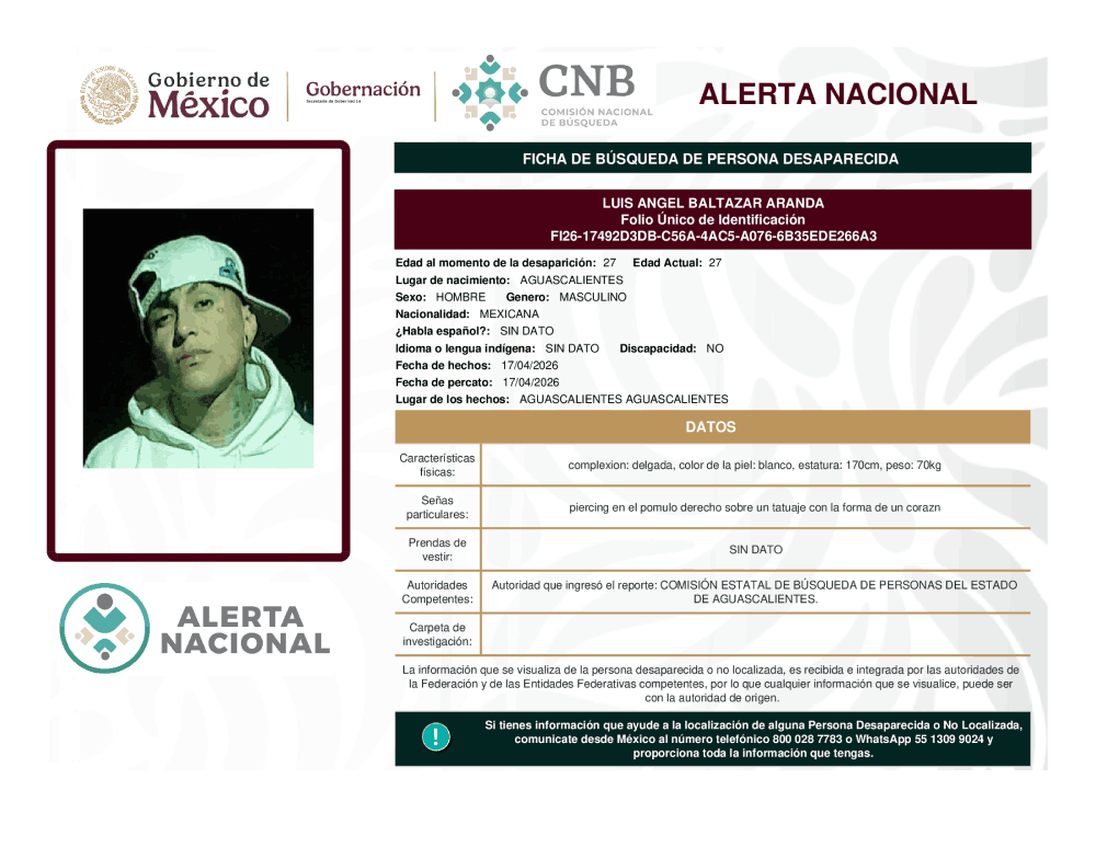 Persona desaparecida Luis Ángel Baltazar Aranda