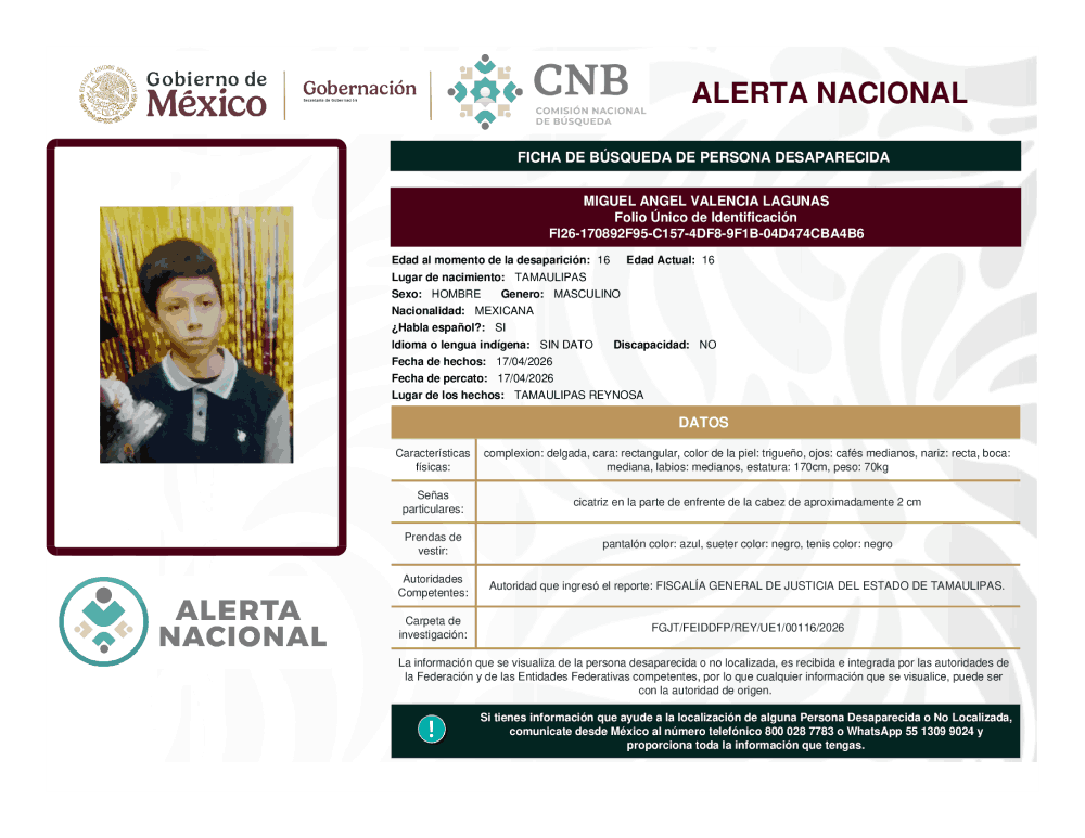 Persona desaparecida Miguel Ángel Valencia Lagunas