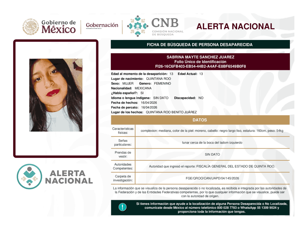 Persona desaparecida Sabrina Mayte Sánchez Juárez