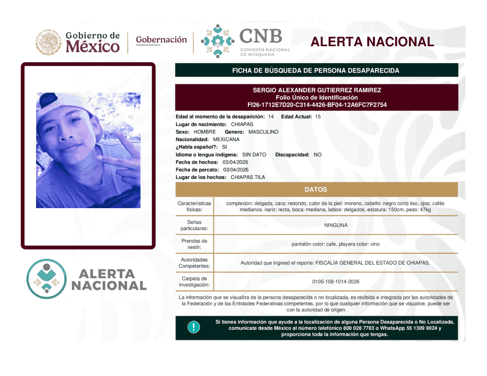 Persona desaparecida Sergio Alexander Gutiérrez Ramírez