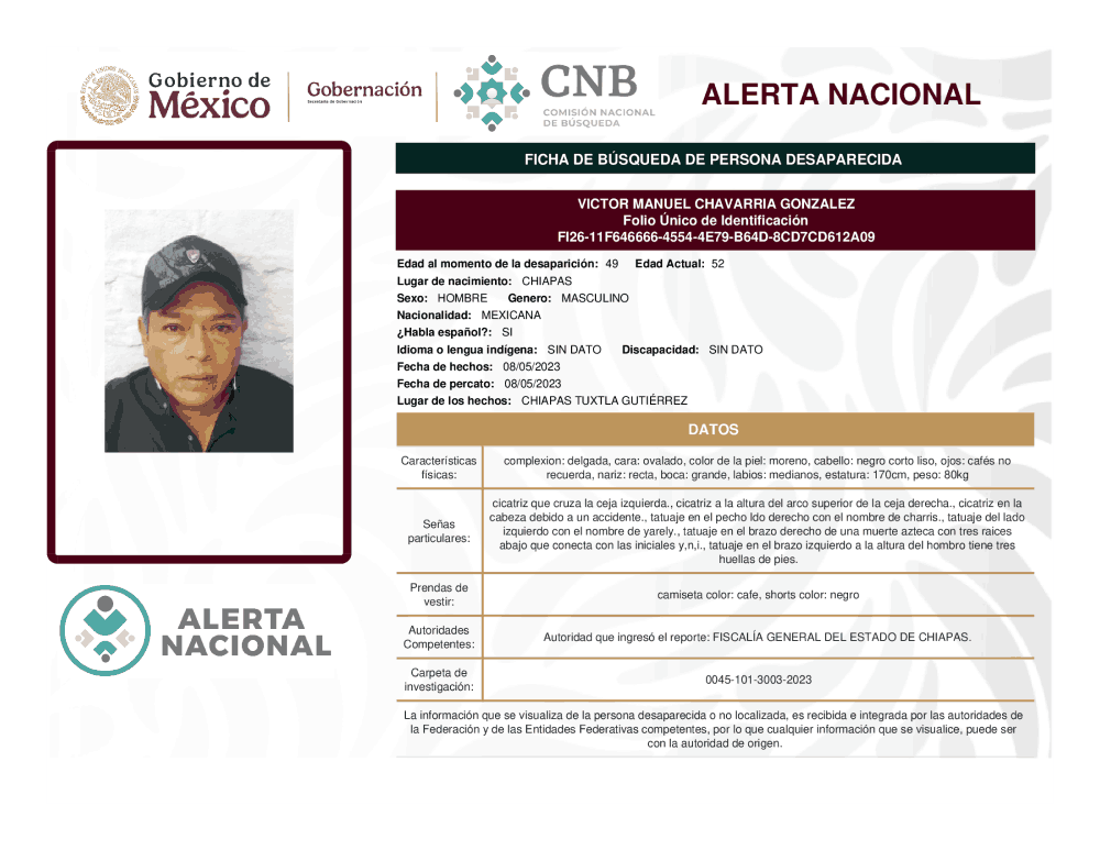 Persona desaparecida Víctor Manuel Chavarria González