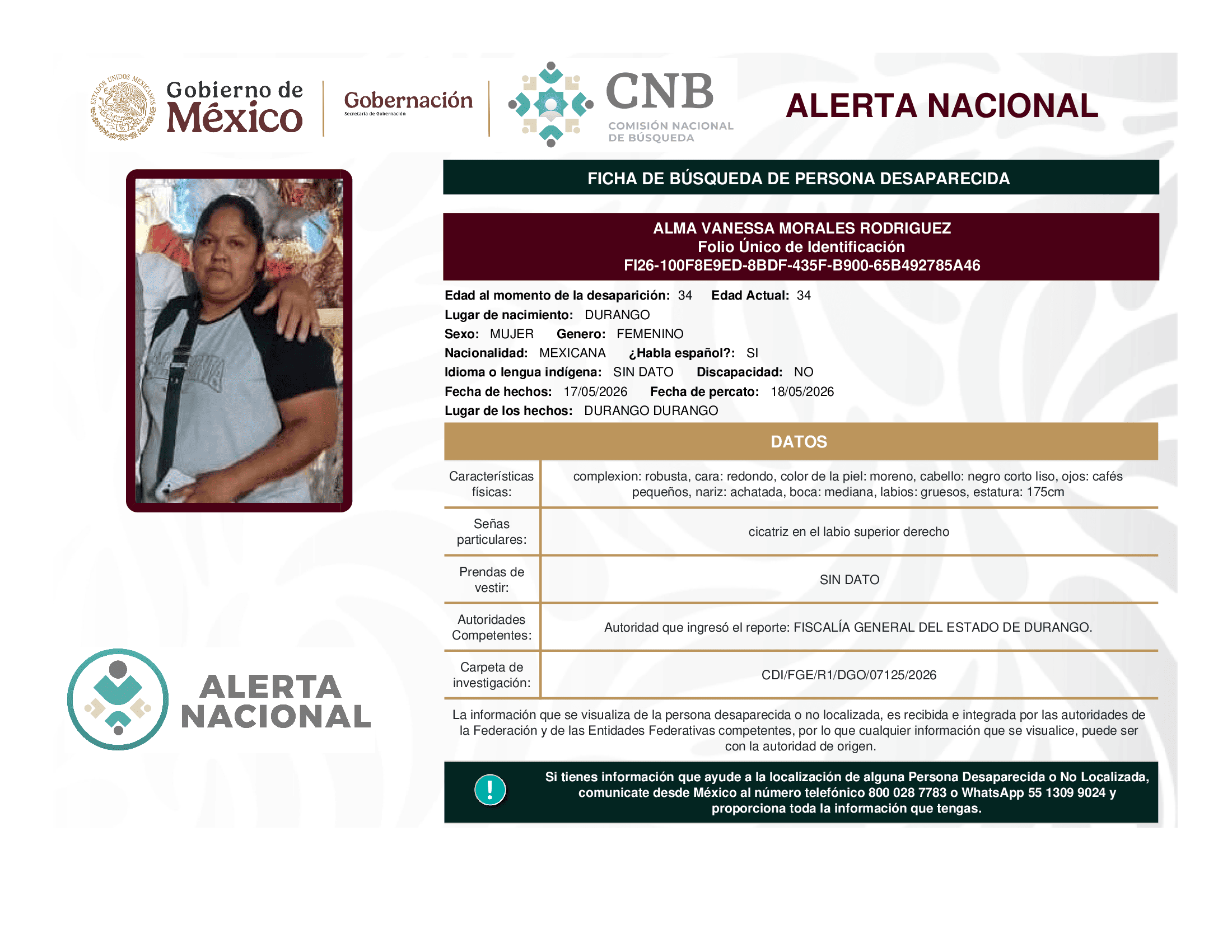 Persona desaparecida Alma Vanessa Morales Rodriguez