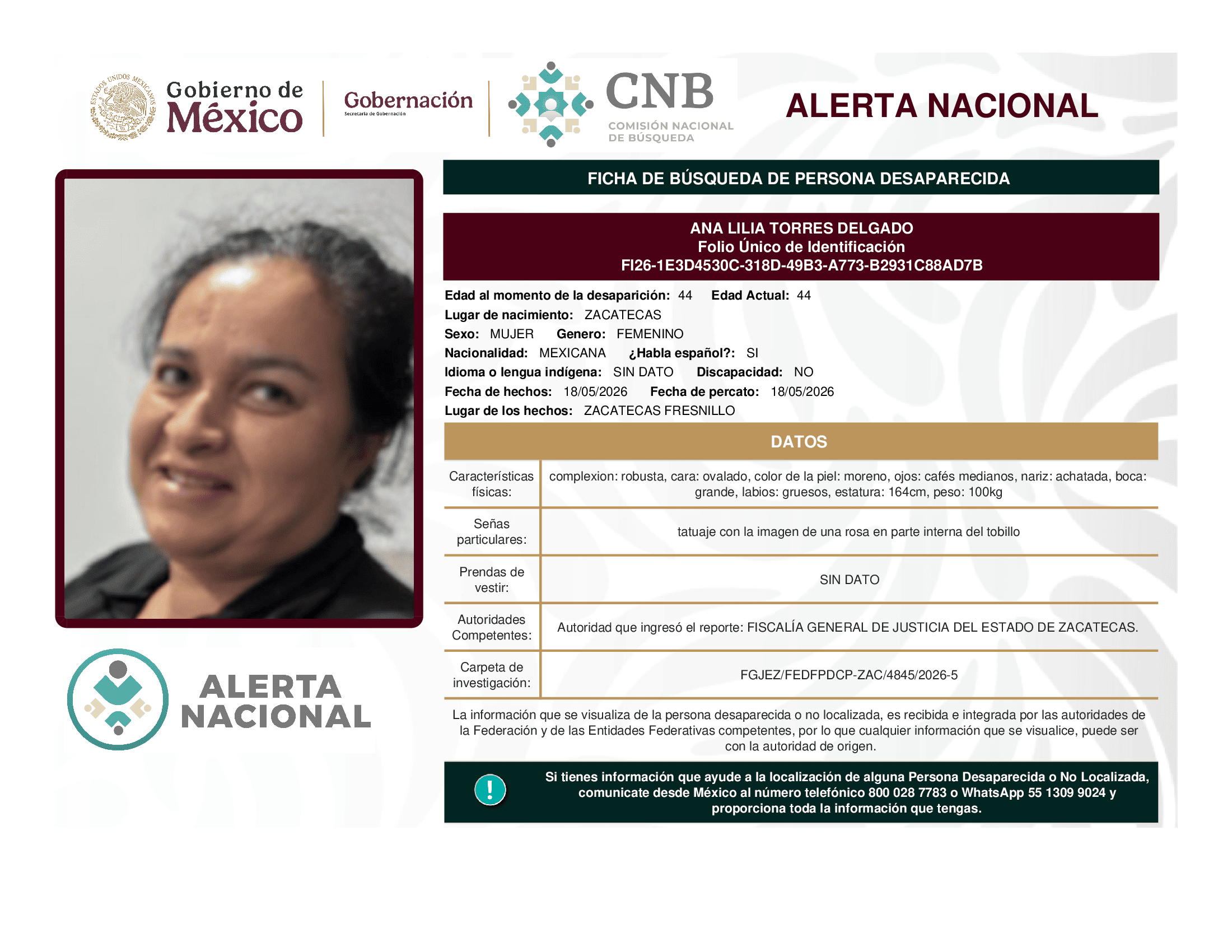 Persona desaparecida Ana Lilia Torres Delgado