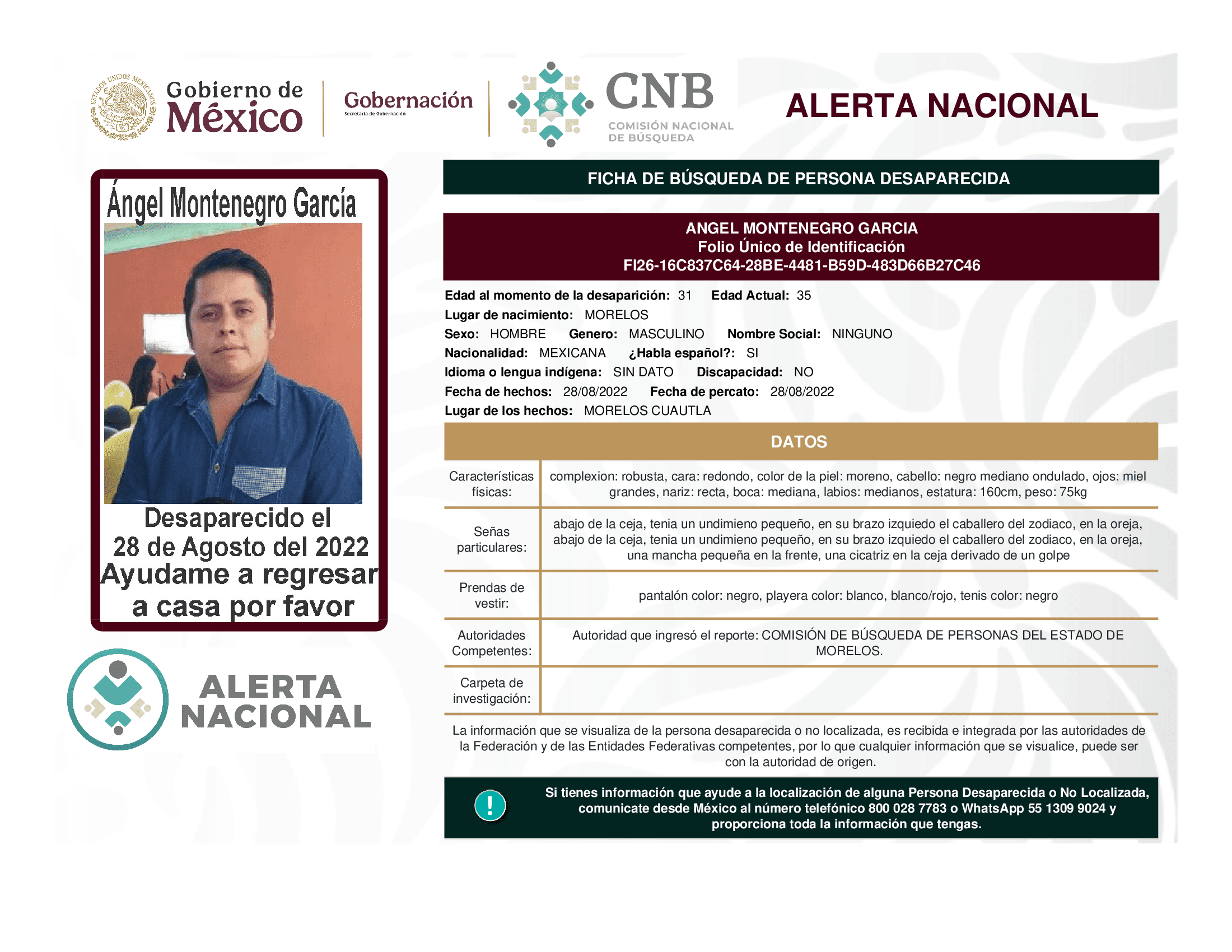 Persona desaparecida Angel Montenegro Garcia