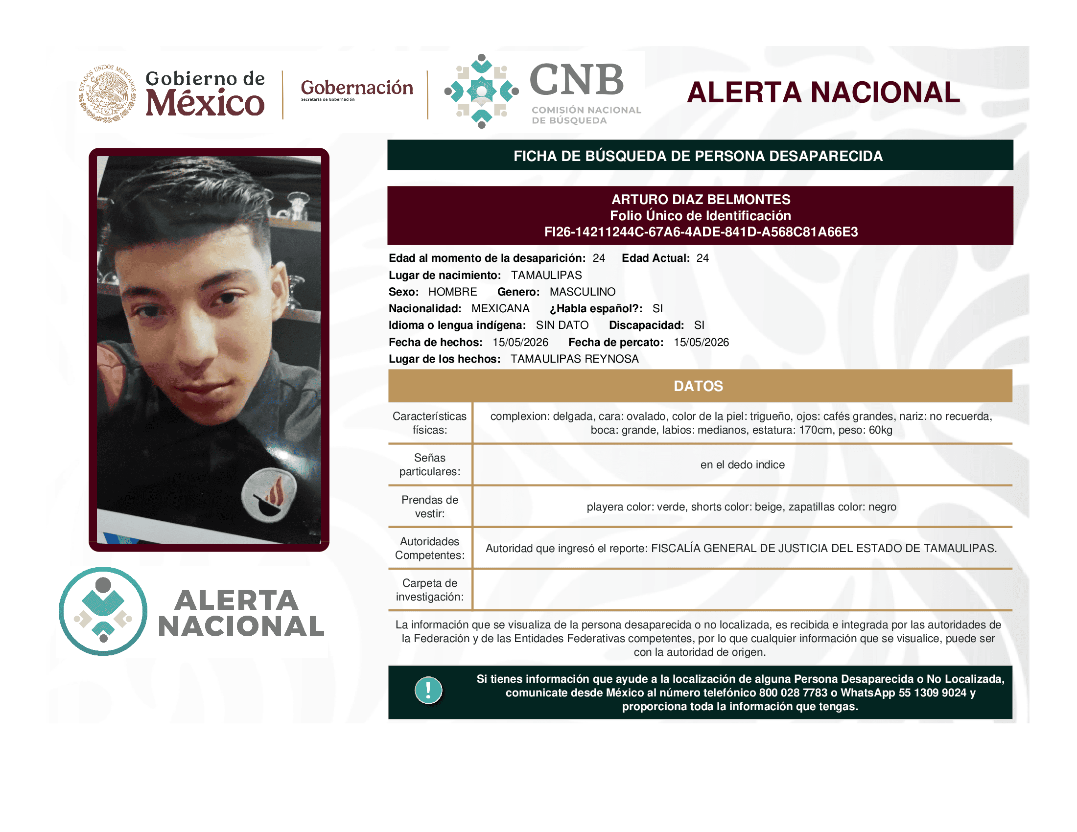 Persona desaparecida Arturo Diaz Belmontes