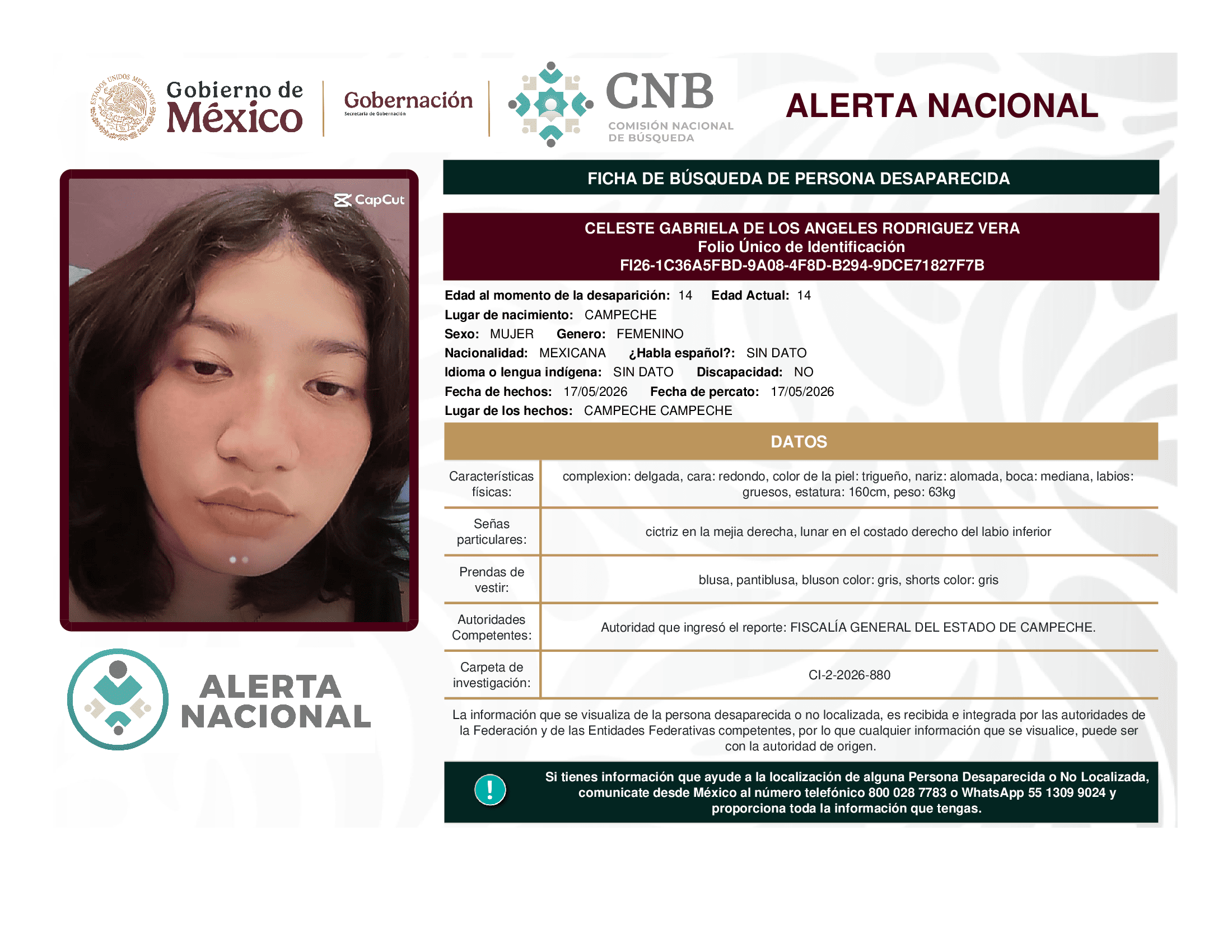 Persona desaparecida Celeste Gabriela De Los Angeles Rodriguez Vera