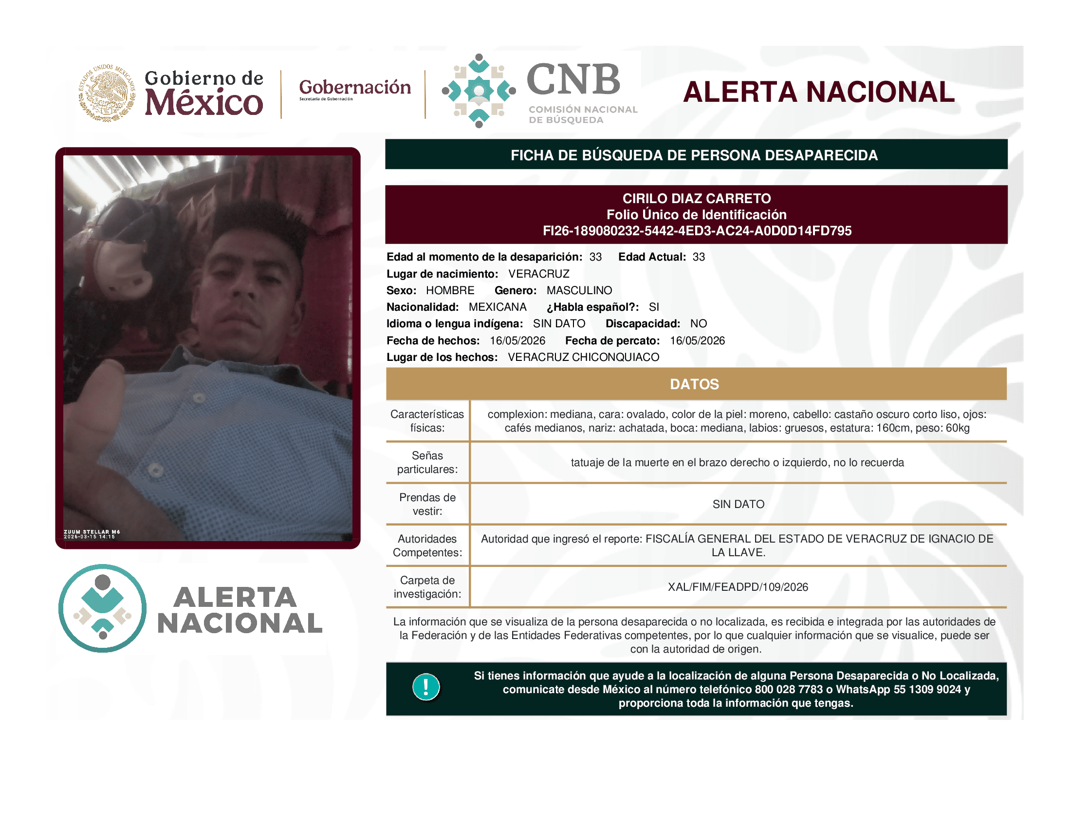 Persona desaparecida Cirilo Diaz Carreto