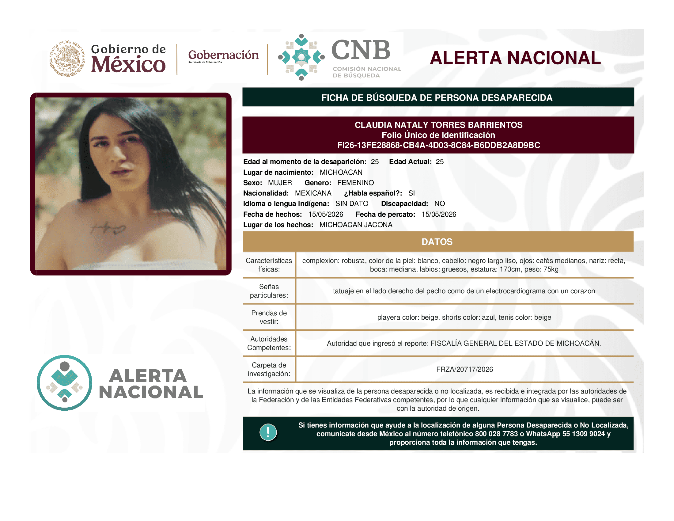 Persona desaparecida Claudia Nataly Torres Barrientos