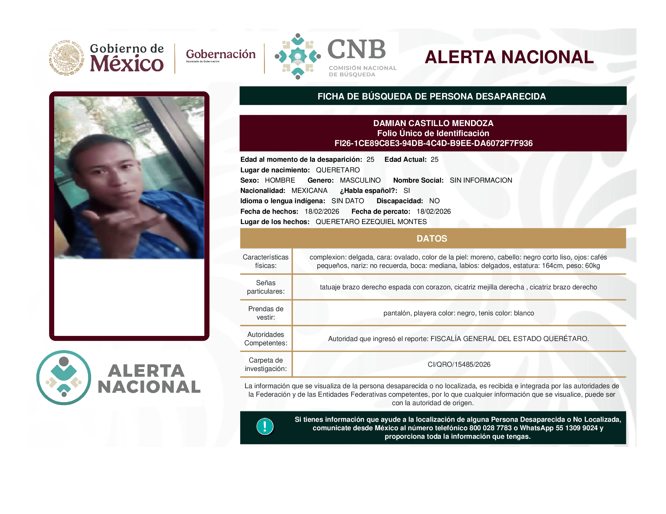 Persona desaparecida Damian Castillo Mendoza