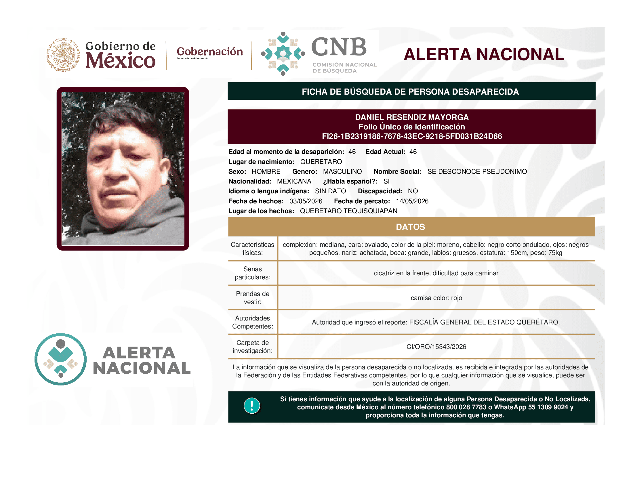Persona desaparecida Daniel Resendiz Mayorga