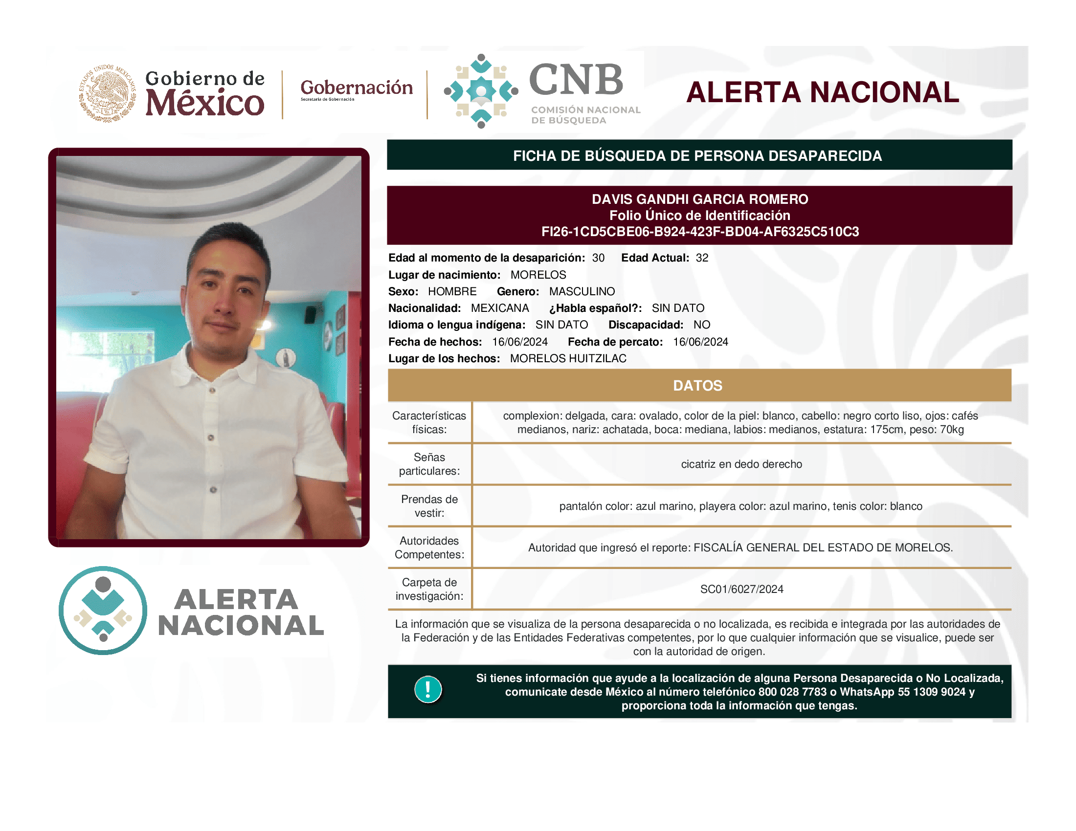 Persona desaparecida Davis Gandhi Garcia Romero
