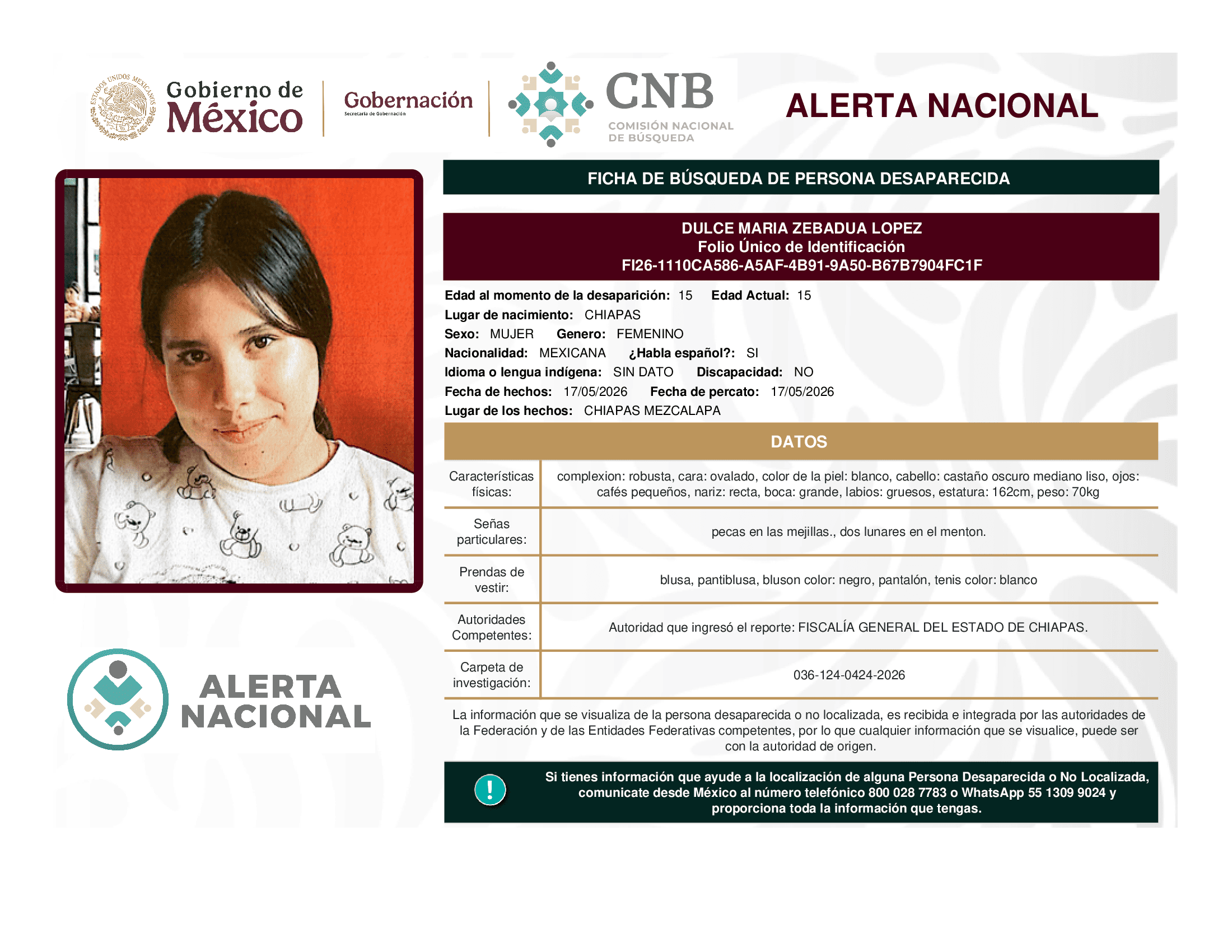 Persona desaparecida Dulce Maria Zebadua Lopez