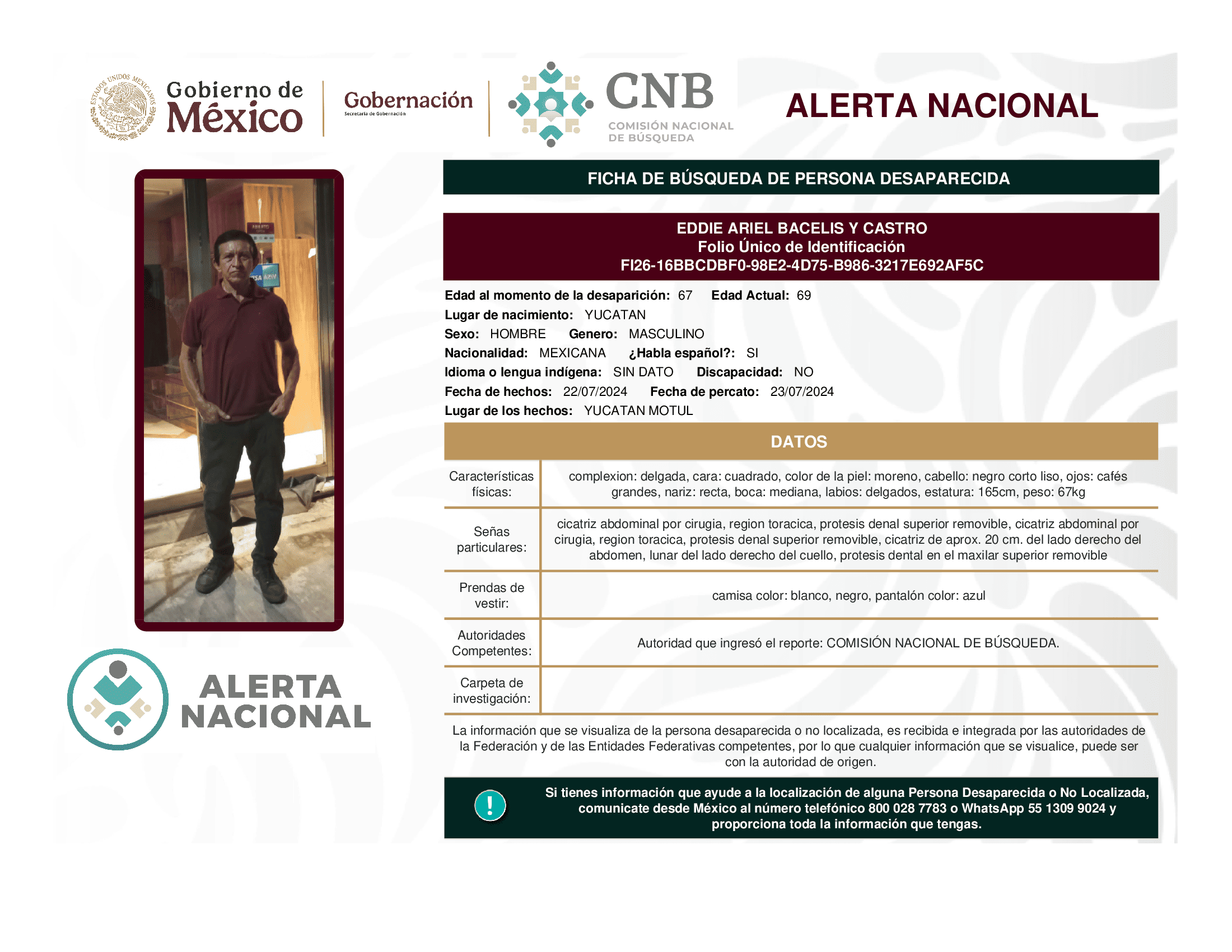Persona desaparecida Eddie Ariel Bacelis Y Castro