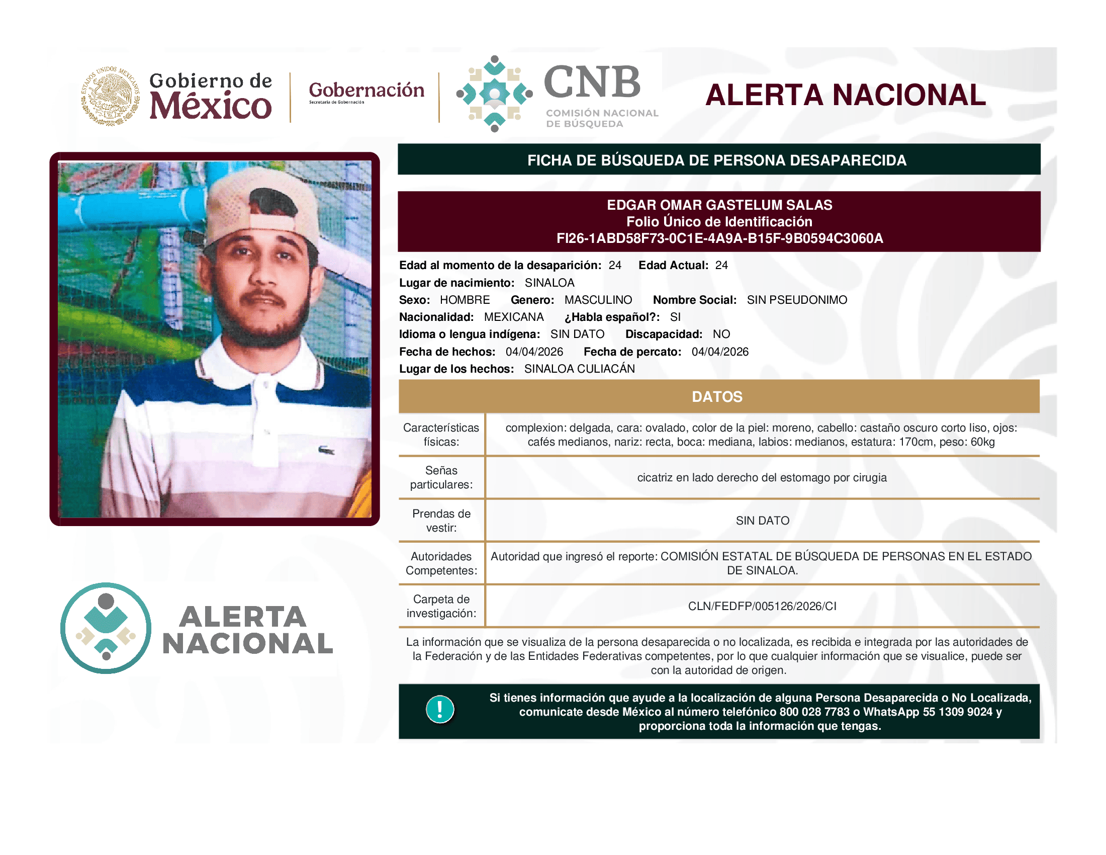 Persona desaparecida Edgar Omar Gastelum Salas