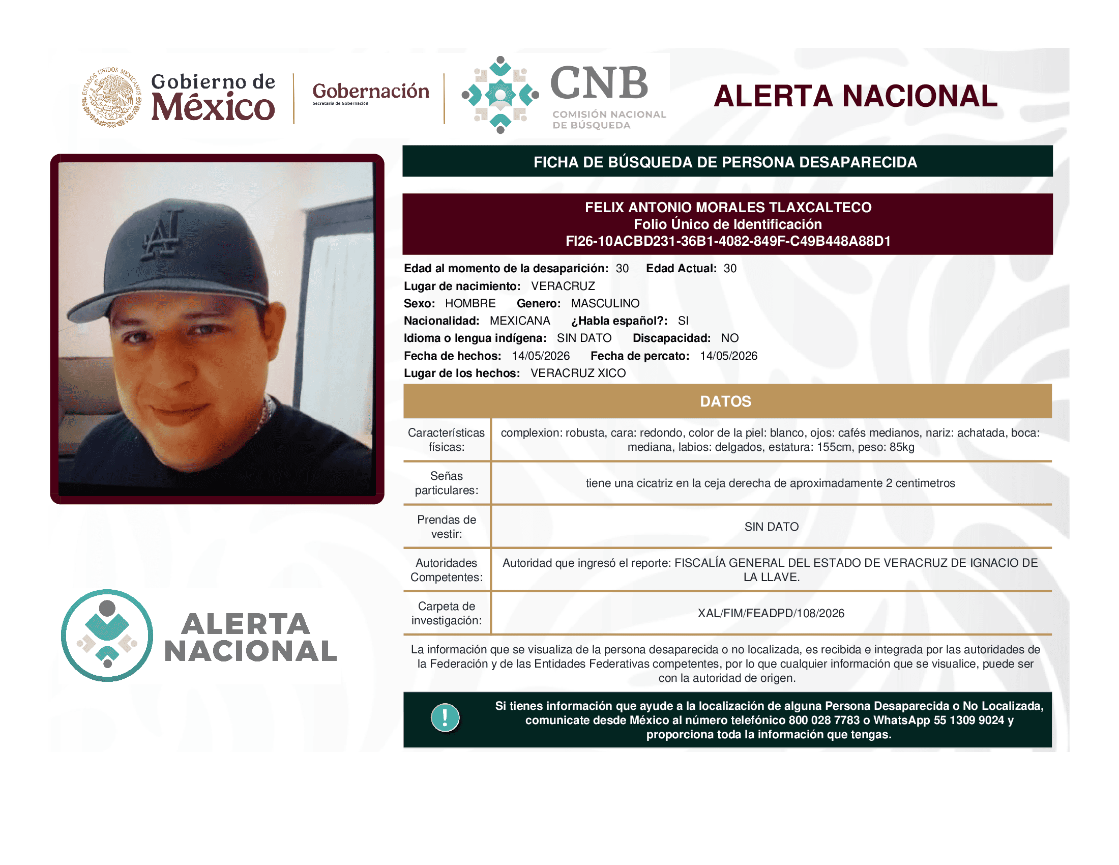 Persona desaparecida Felix Antonio Morales Tlaxcalteco