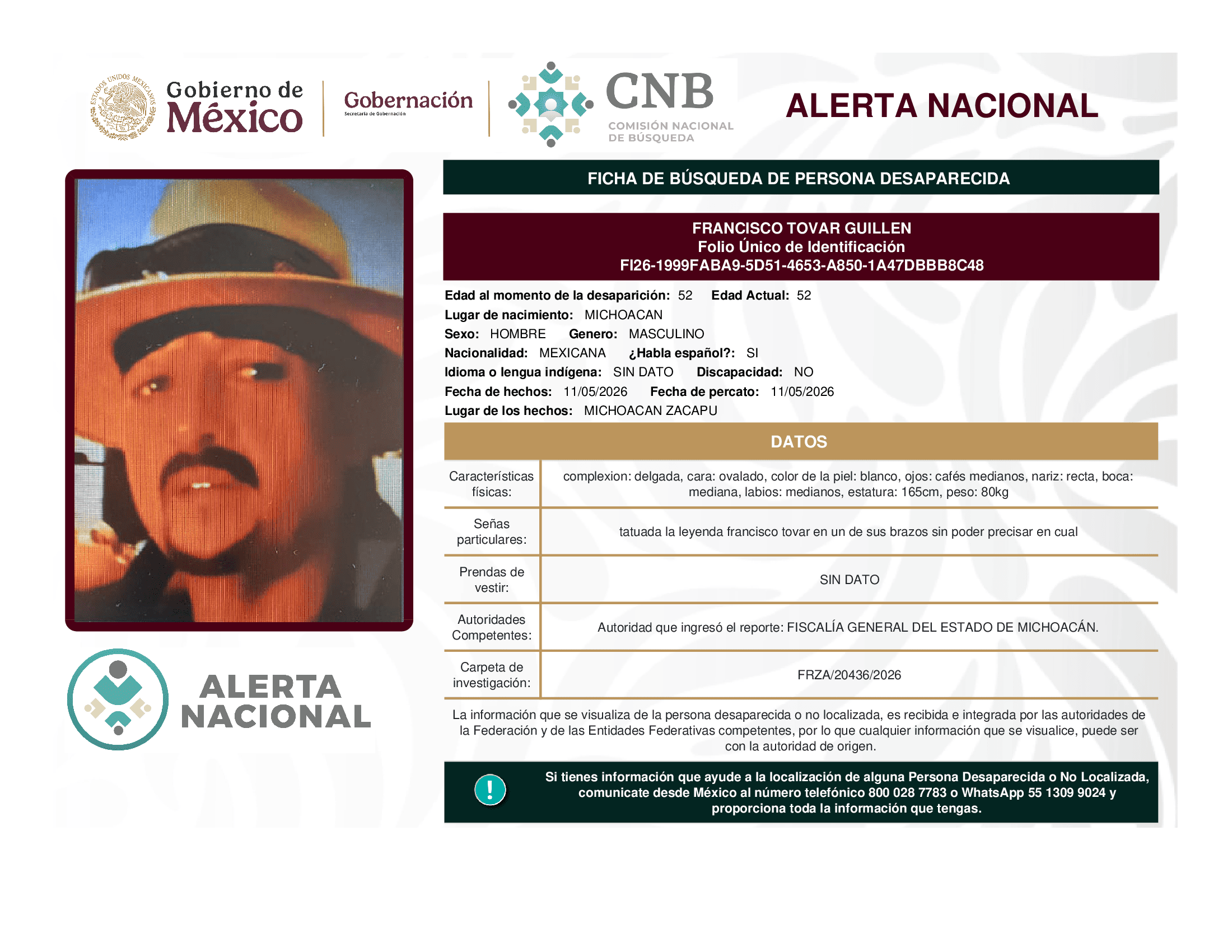 Persona desaparecida Francisco Tovar Guillen