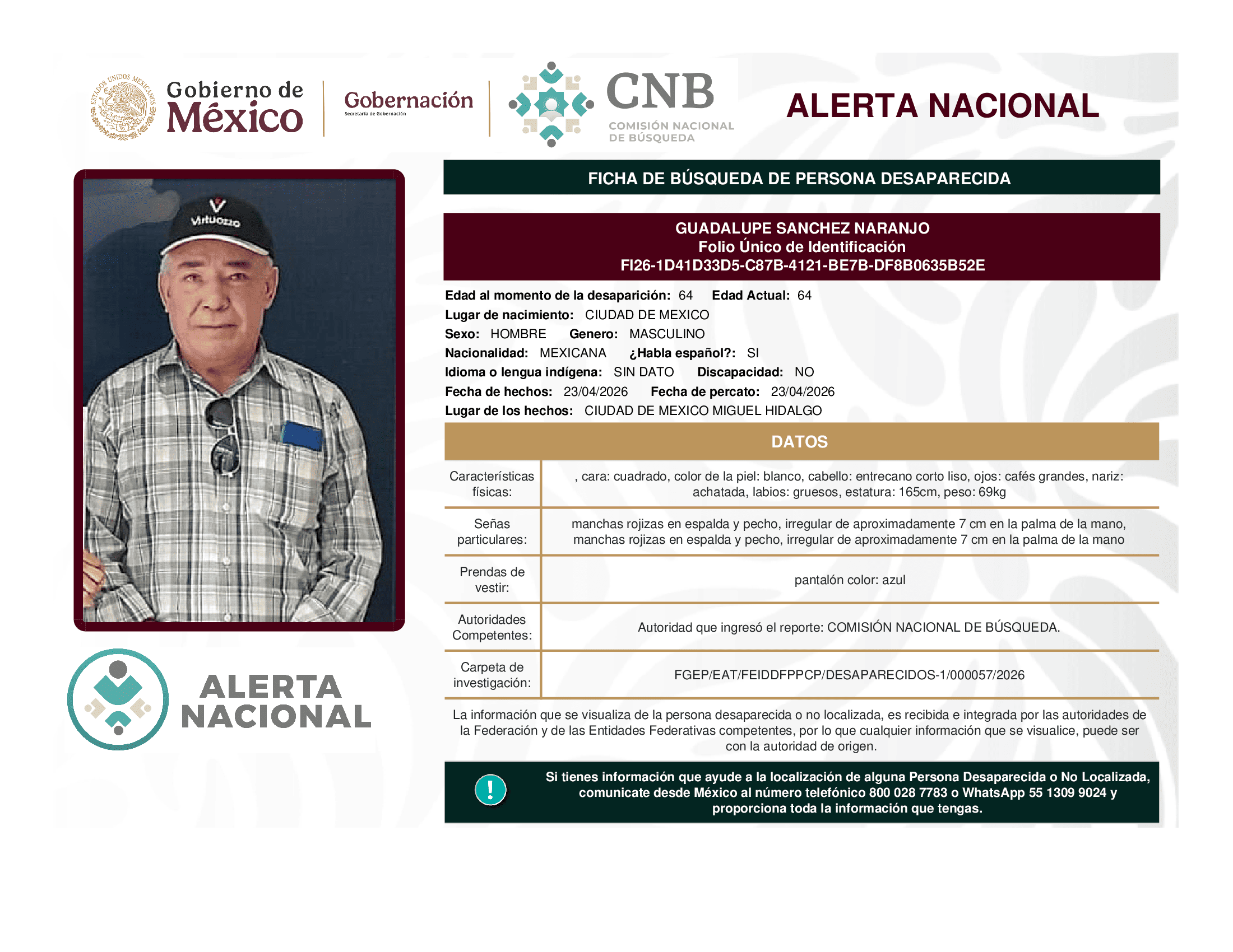 Persona desaparecida Guadalupe Sanchez Naranjo