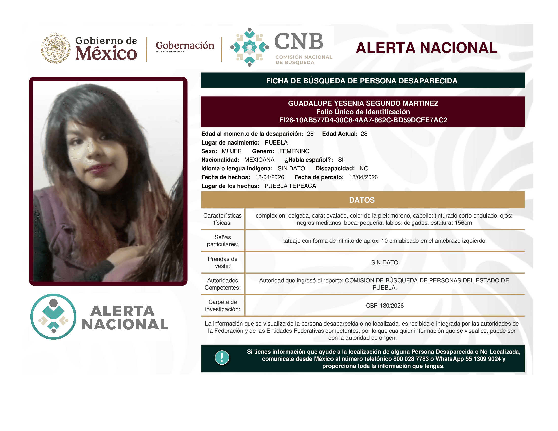 Persona desaparecida Guadalupe Yesenia Segundo Martinez