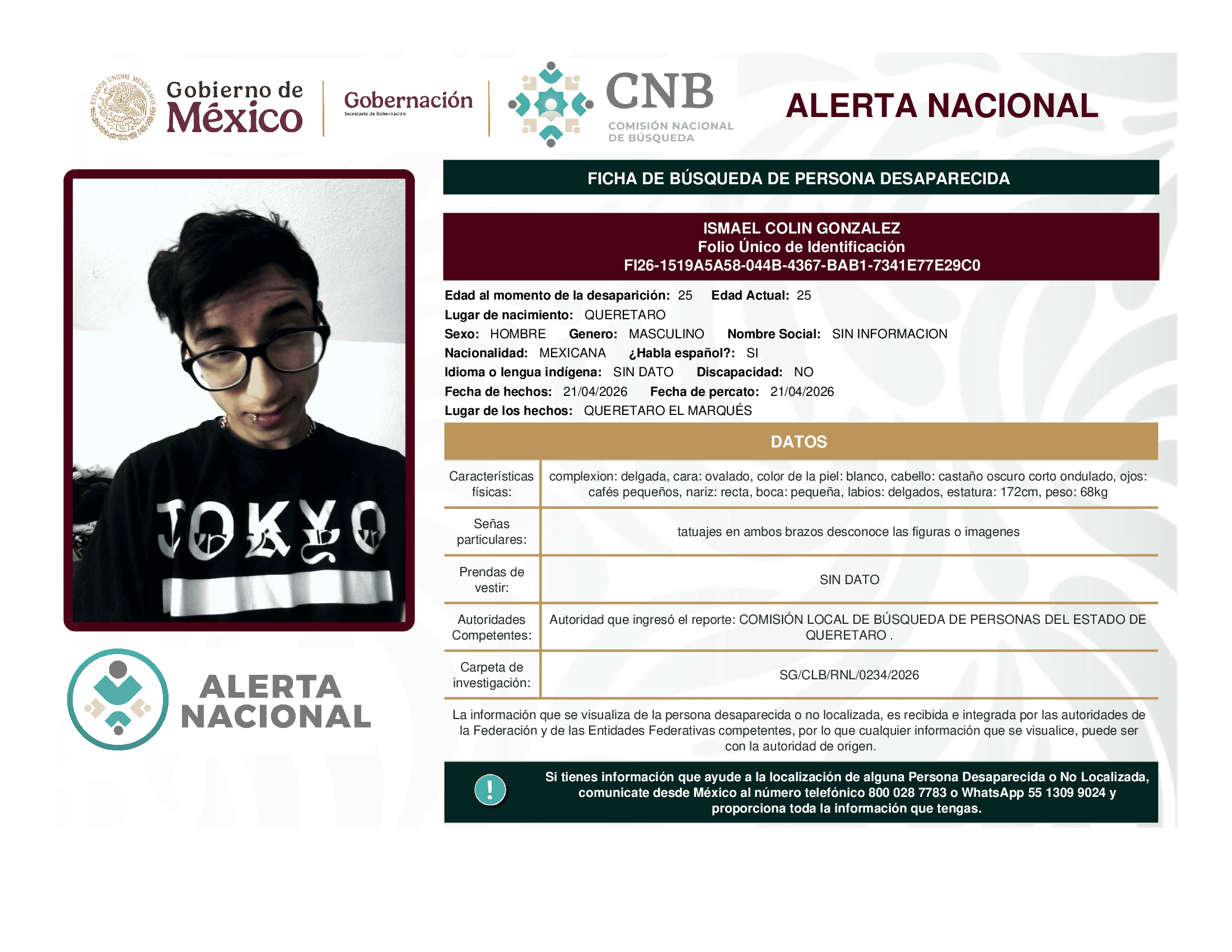 Persona desaparecida Ismael Colin Gonzalez