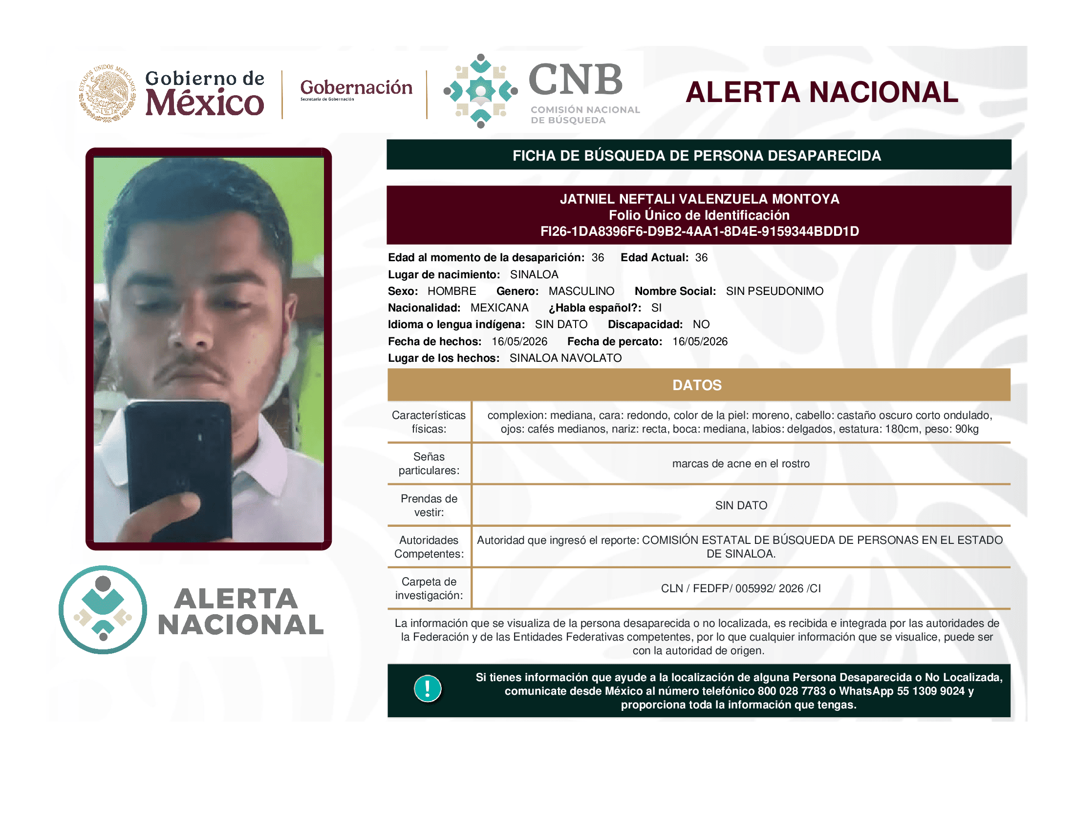 Persona desaparecida Jatniel Neftali Valenzuela Montoya