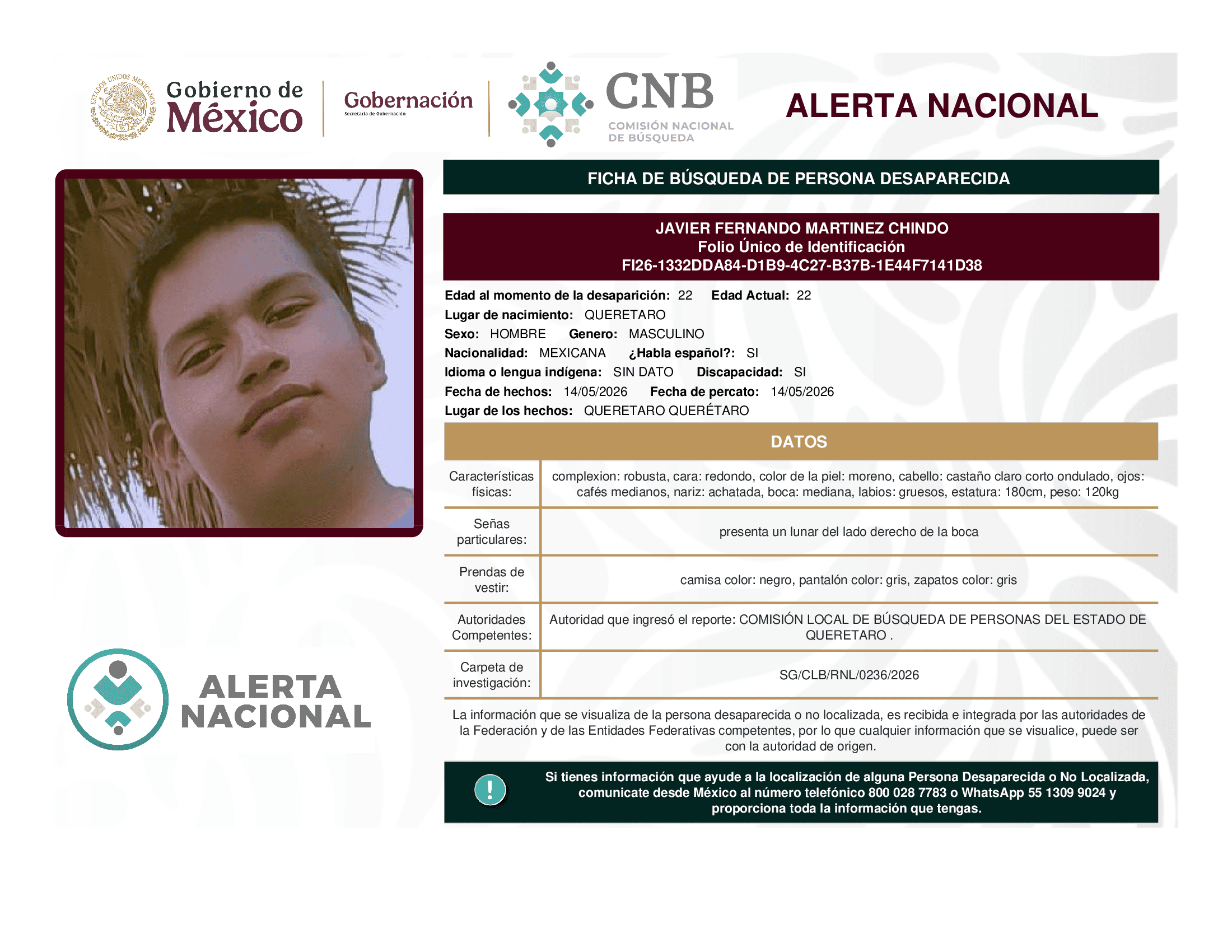 Persona desaparecida Javier Fernando Martinez Chindo