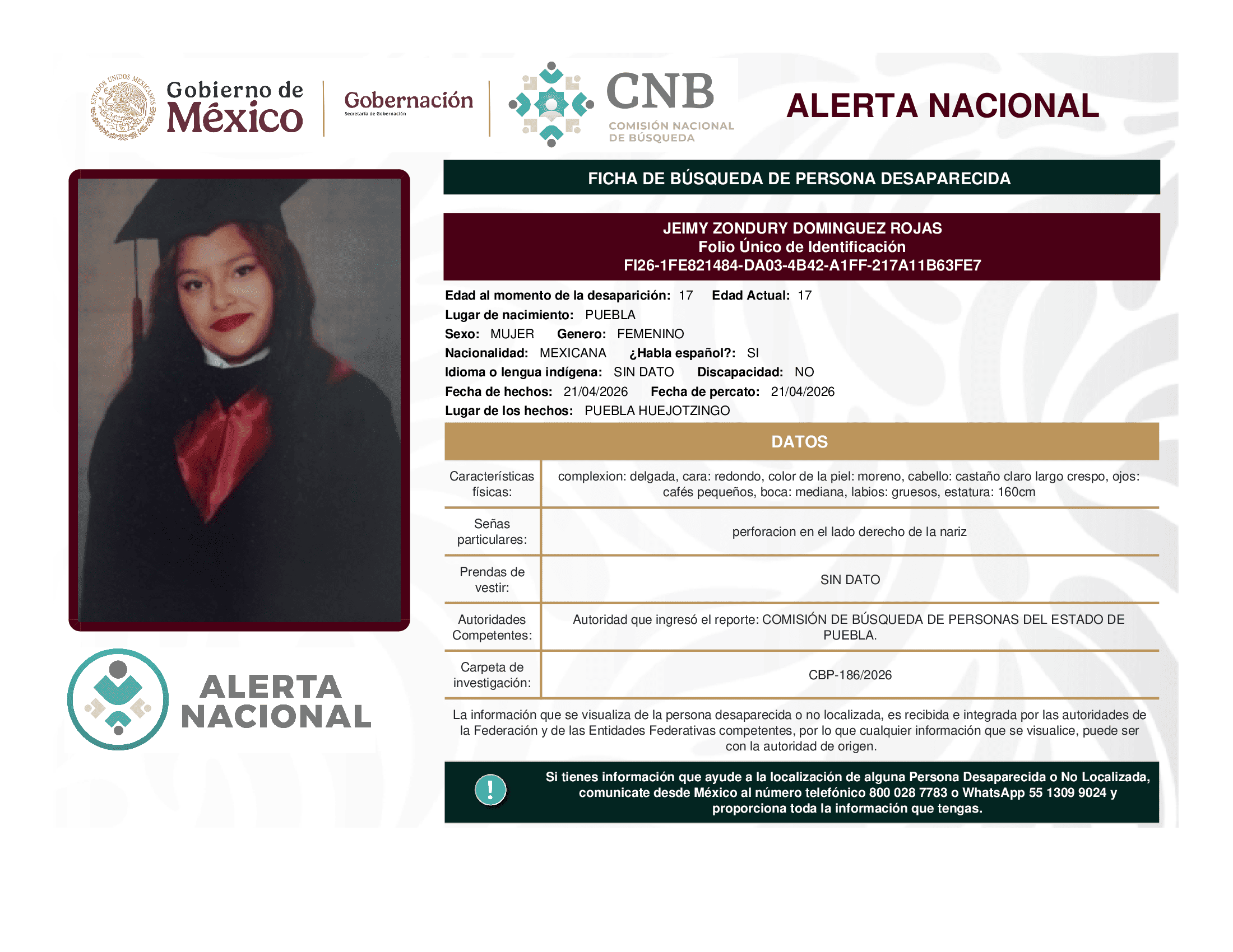 Persona desaparecida Jeimy Zondury Dominguez Rojas