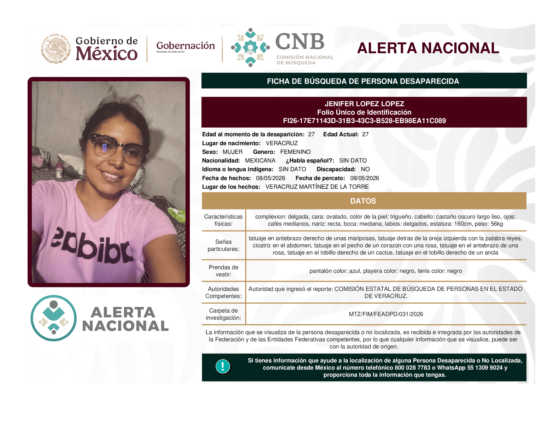 Persona desaparecida Jenifer Lopez Lopez
