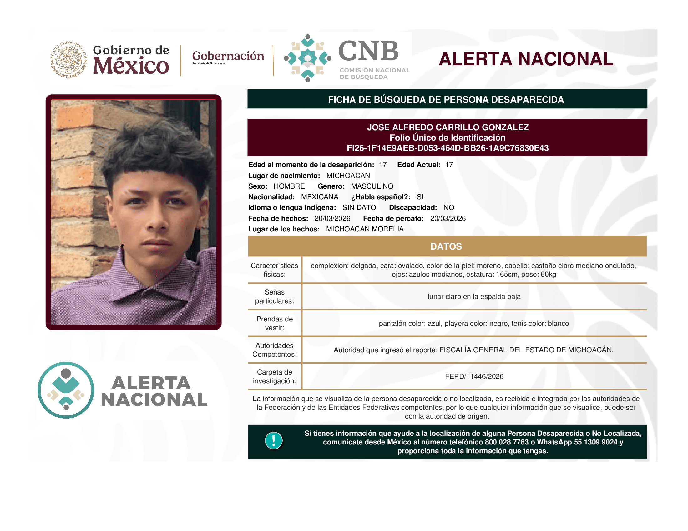 Persona desaparecida Jose Alfredo Carrillo Gonzalez