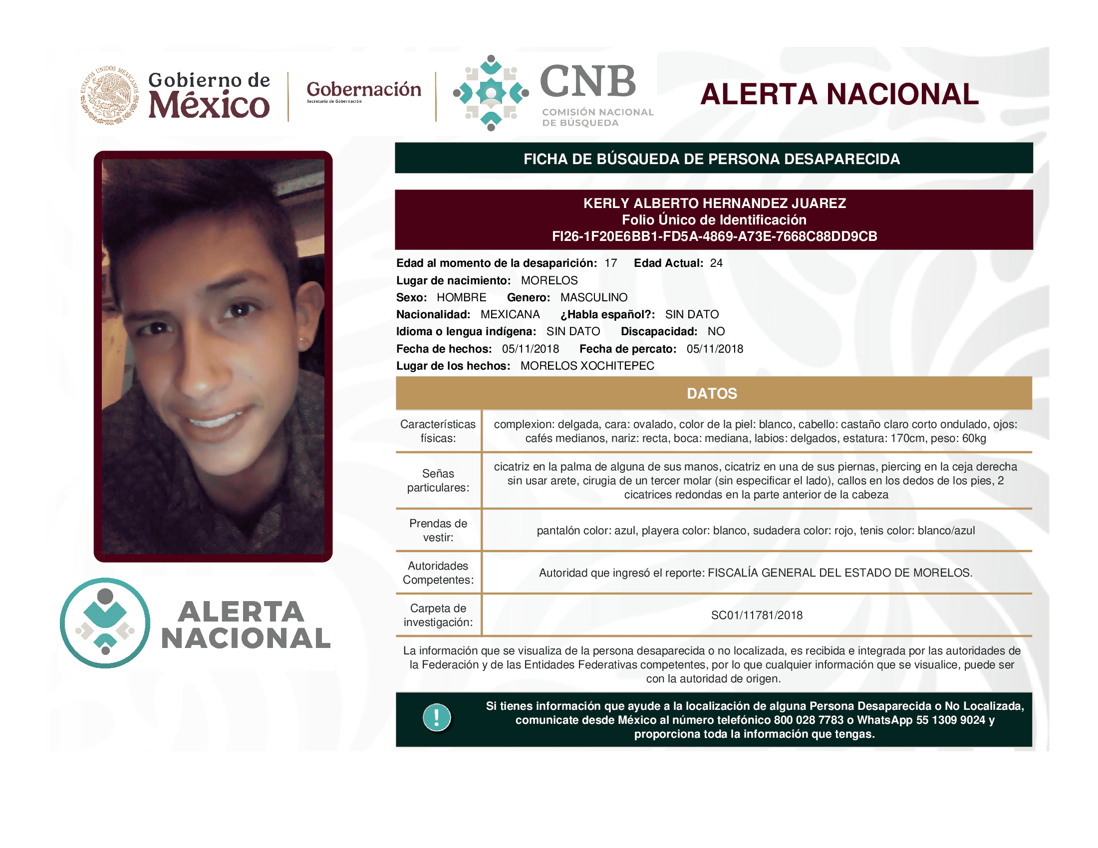 Persona desaparecida Kerly Alberto Hernandez Juarez