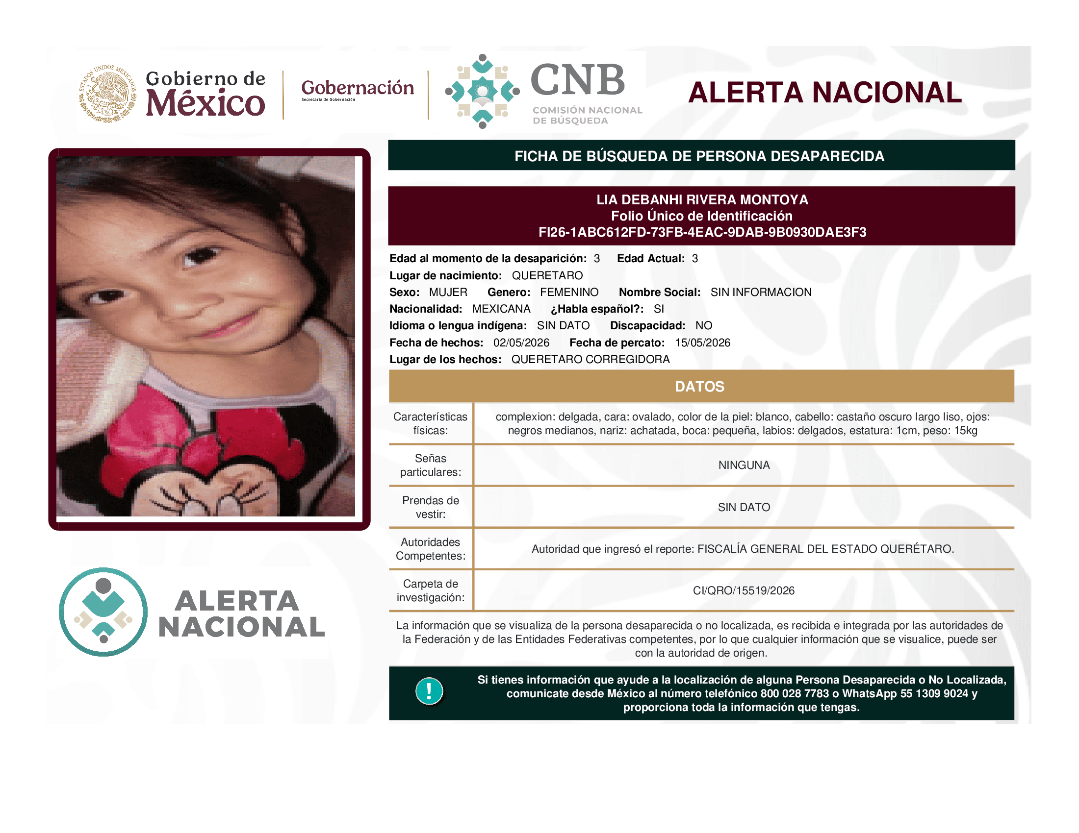 Persona desaparecida Lia Debanhi Rivera Montoya