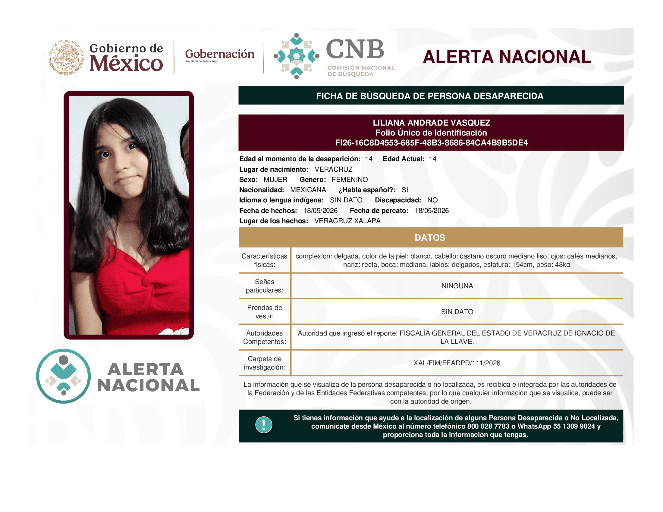Persona desaparecida Liliana Andrade Vasquez
