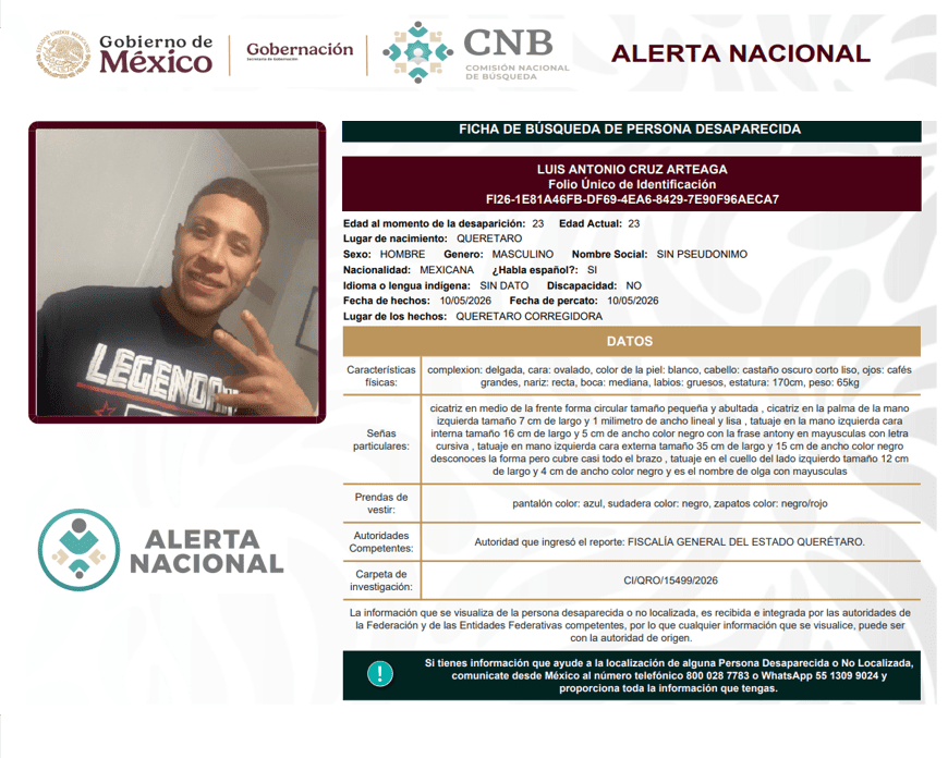 Persona desaparecida Luis Antonio Cruz Arteaga