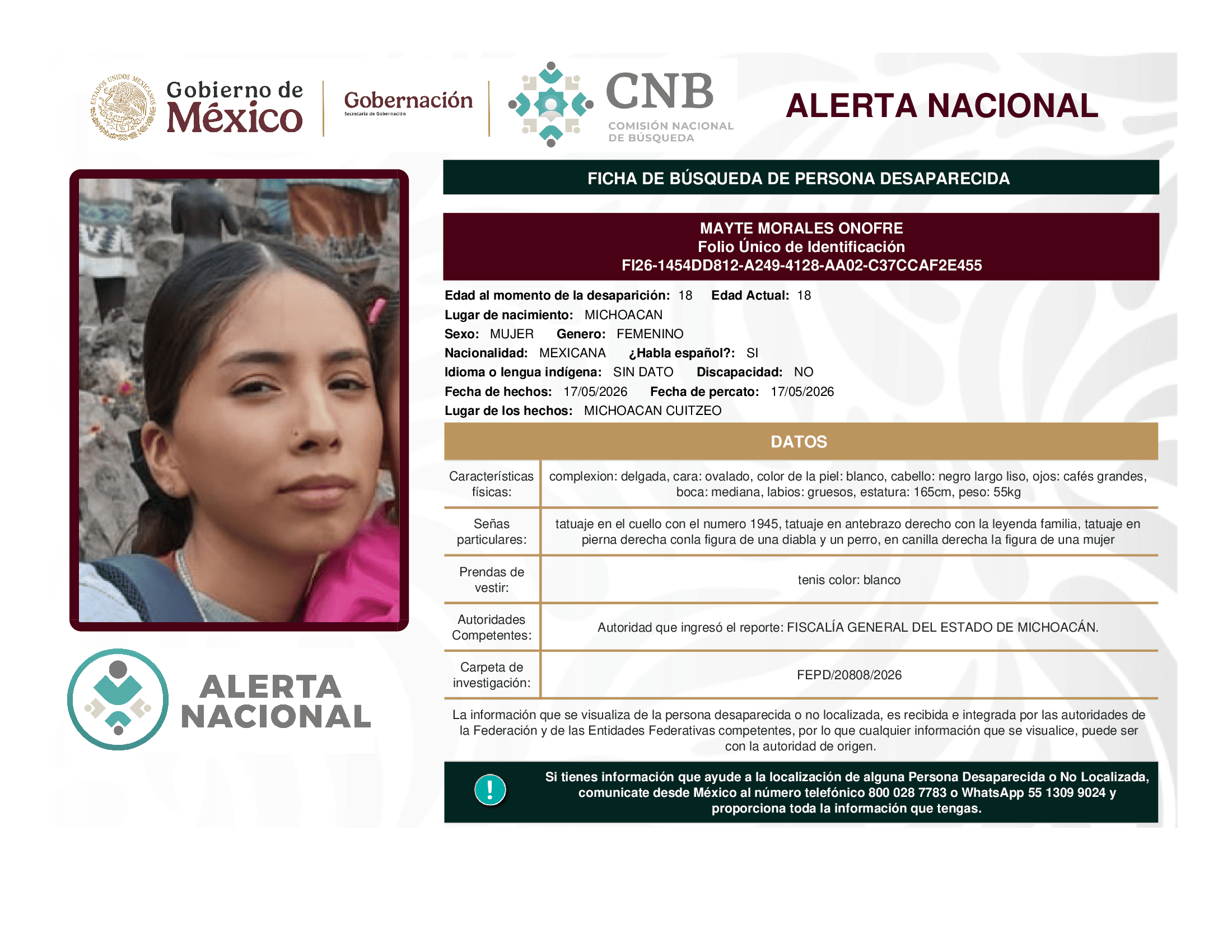 Persona desaparecida Mayte Morales Onofre