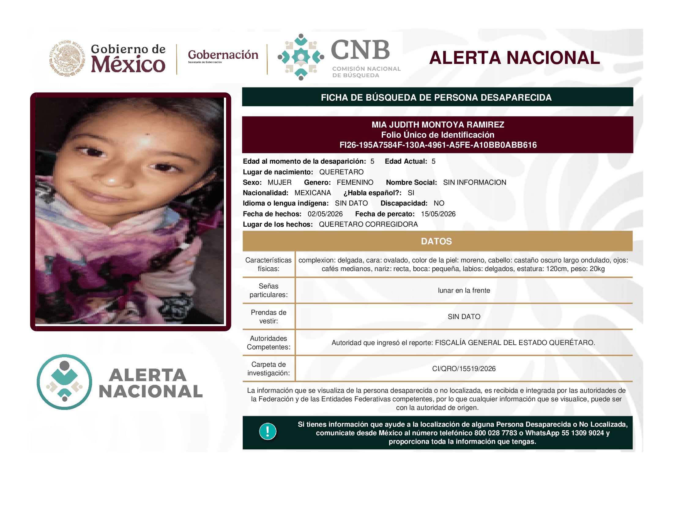 Persona desaparecida Mia Judith Montoya Ramirez