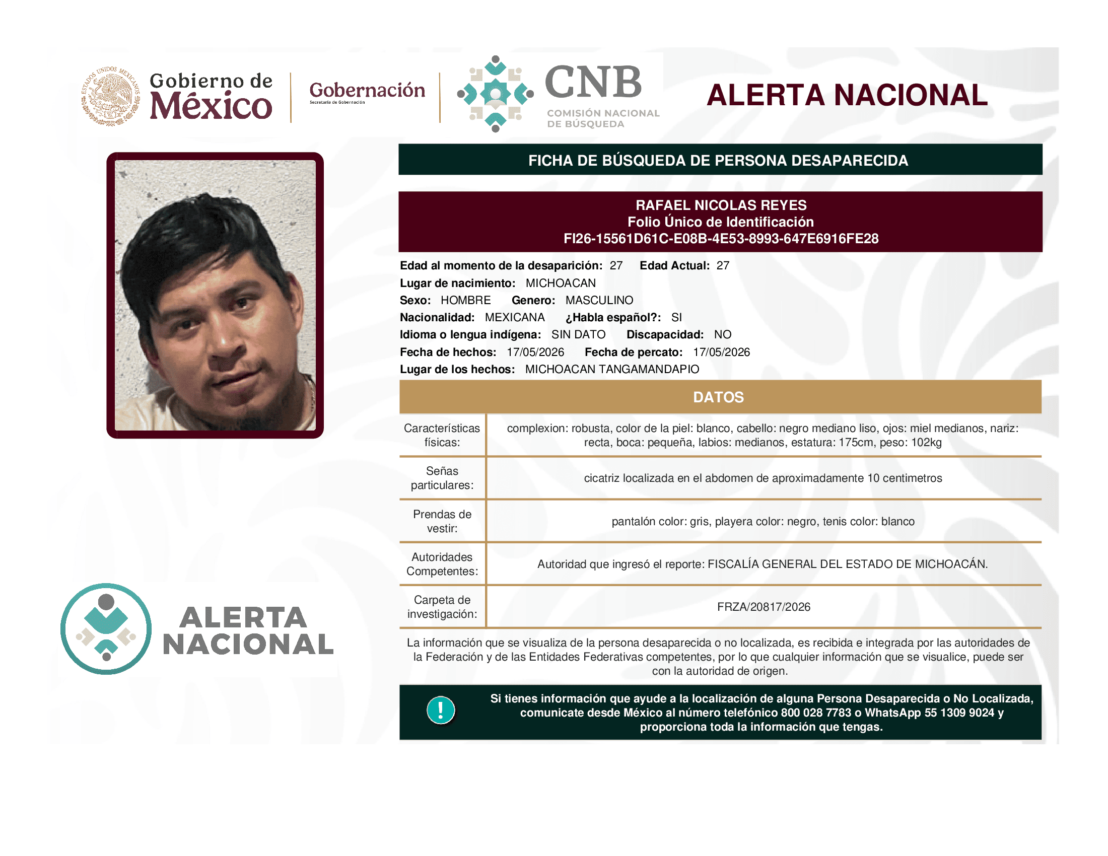 Persona desaparecida Rafael Nicolas Reyes