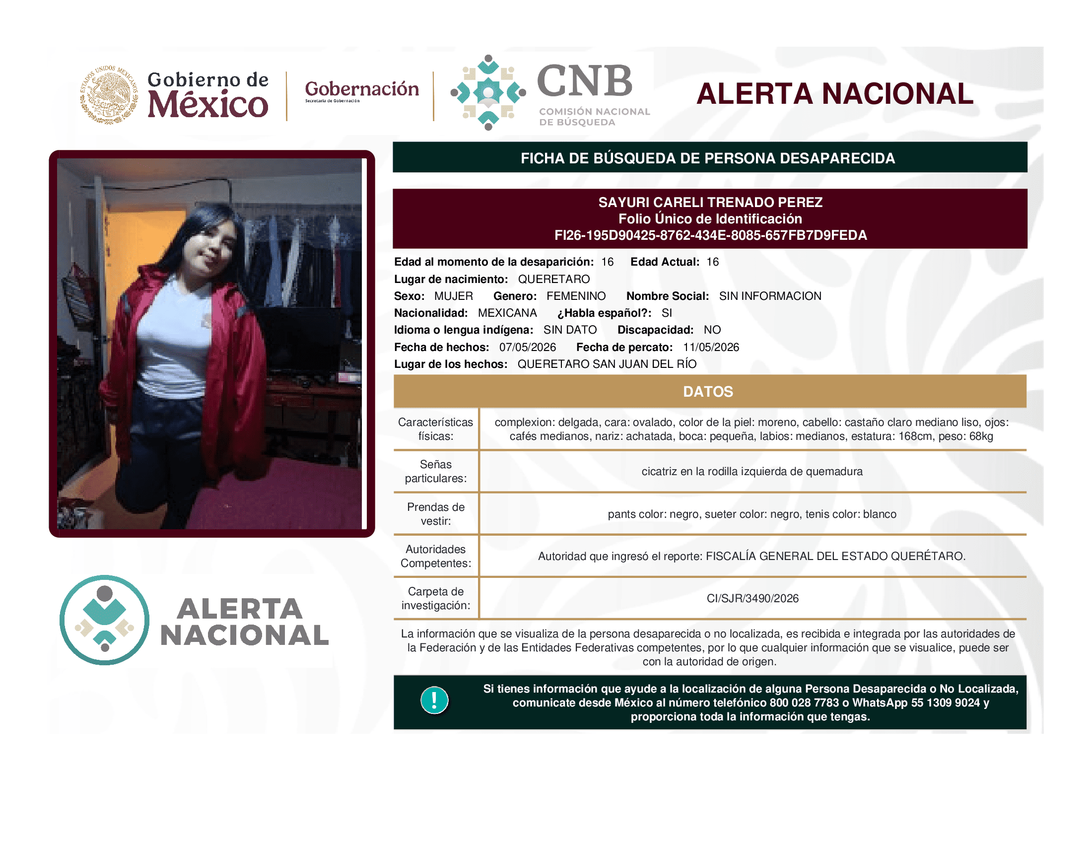 Persona desaparecida Sayuri Careli Trenado Perez