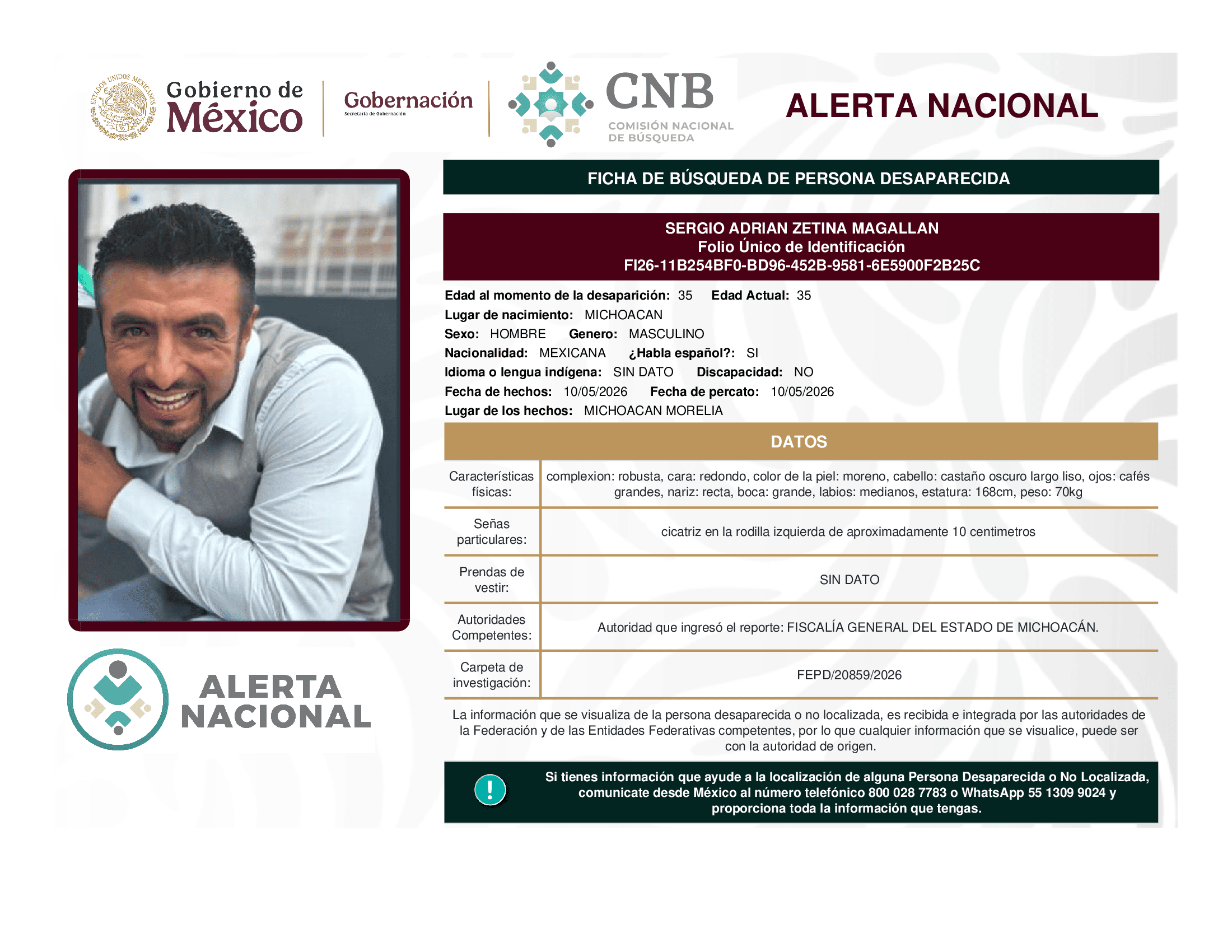 Persona desaparecida Sergio Adrian Zetina Magallan