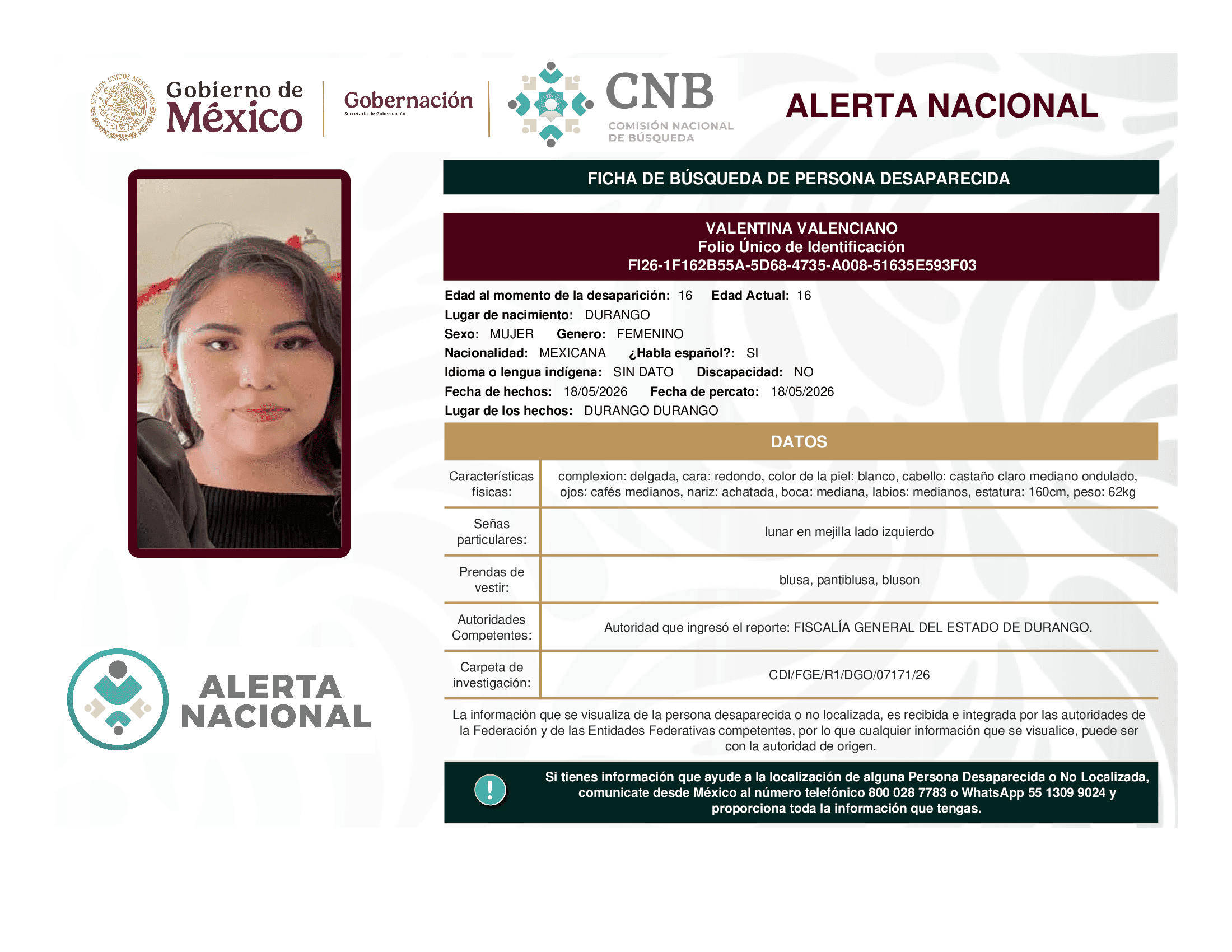 Persona desaparecida Valentina Valenciano