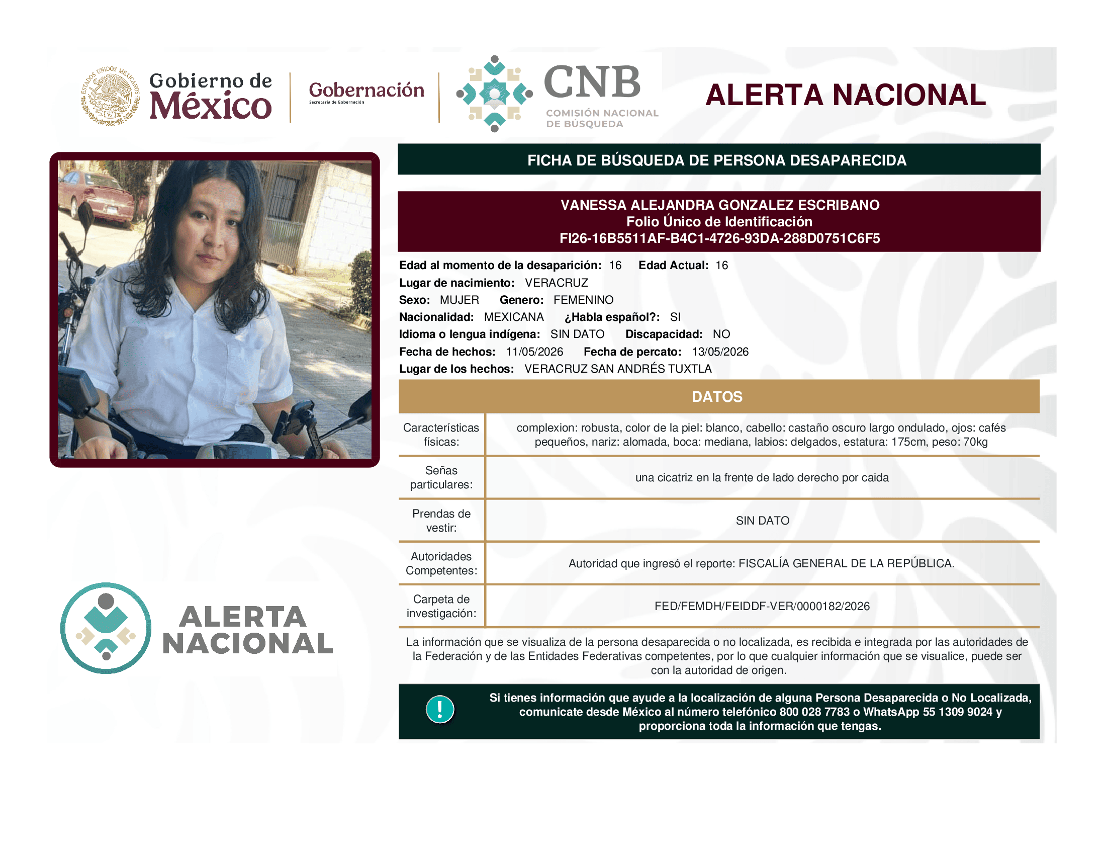 Persona desaparecida Vanessa Alejandra Gonzalez Escribano
