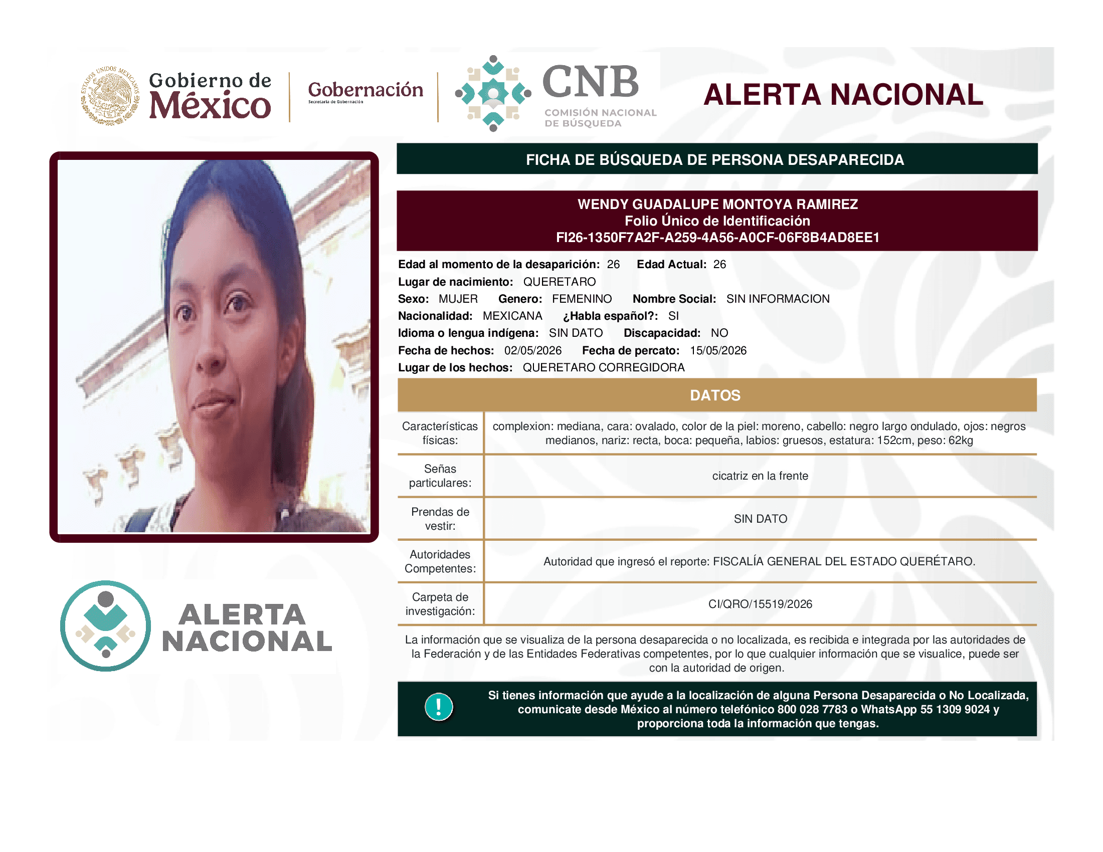 Persona desaparecida Wendy Guadalupe Montoya Ramirez