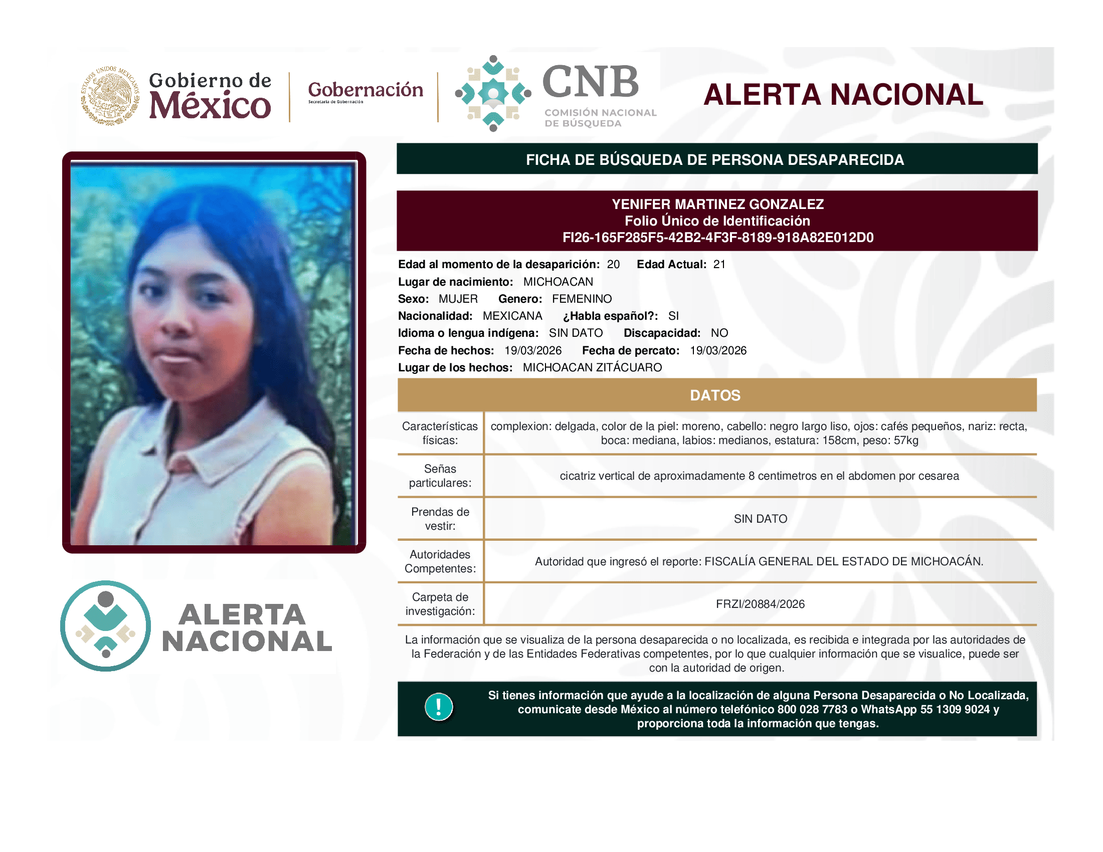 Persona desaparecida Yenifer Martinez Gonzalez