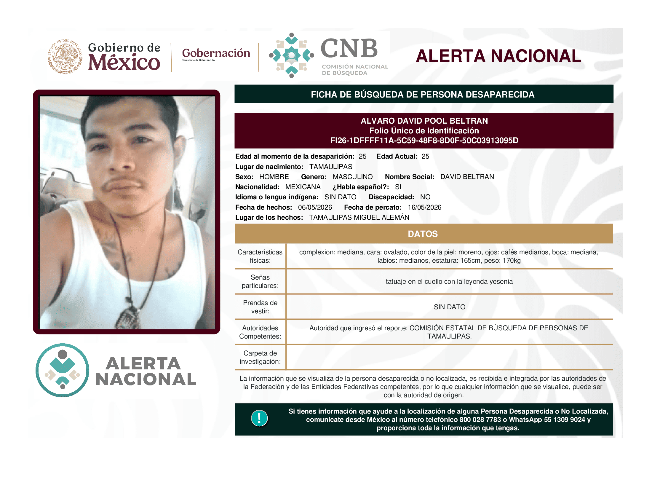 Persona desaparecida Alvaro David Pool Beltran