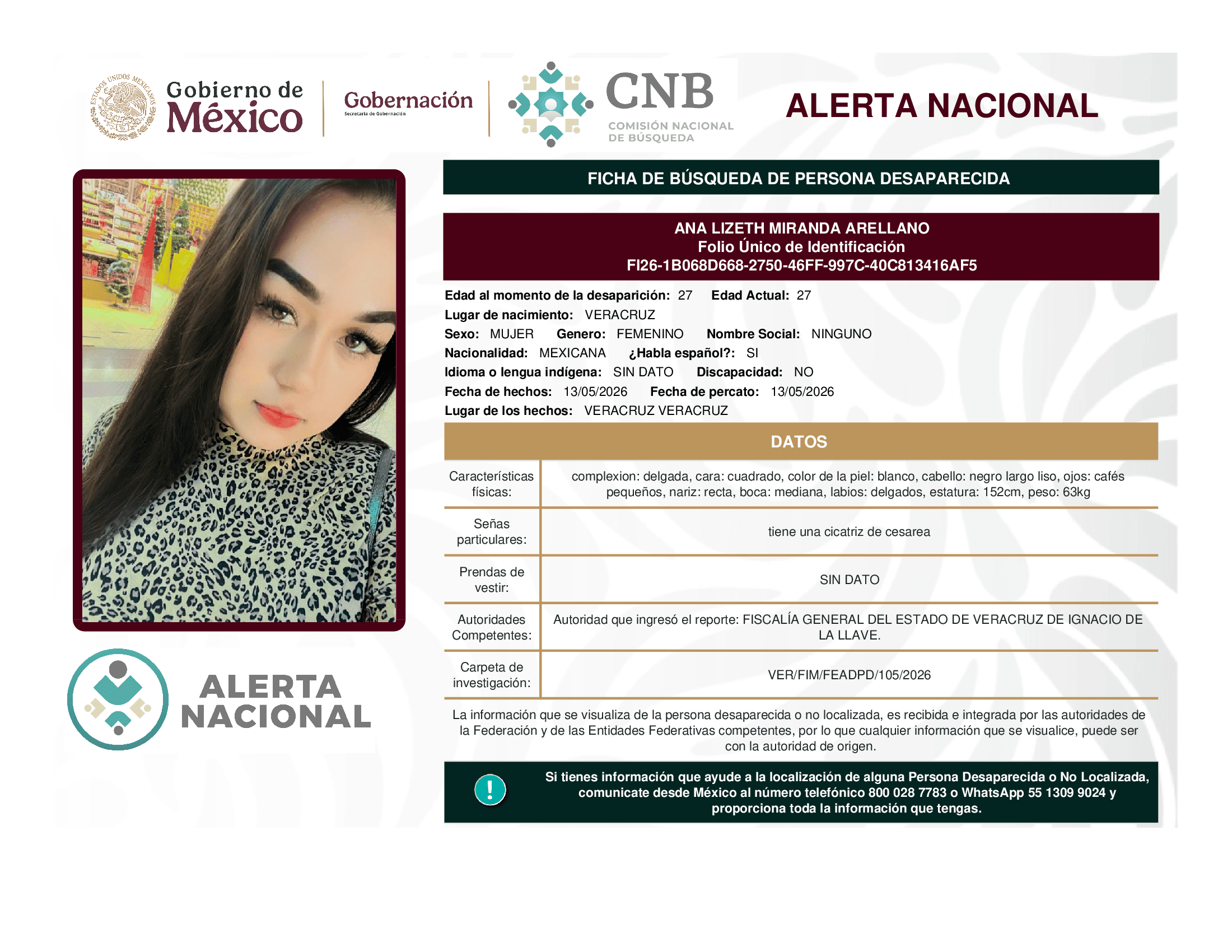 Persona desaparecida Ana Lizeth Miranda Arellano