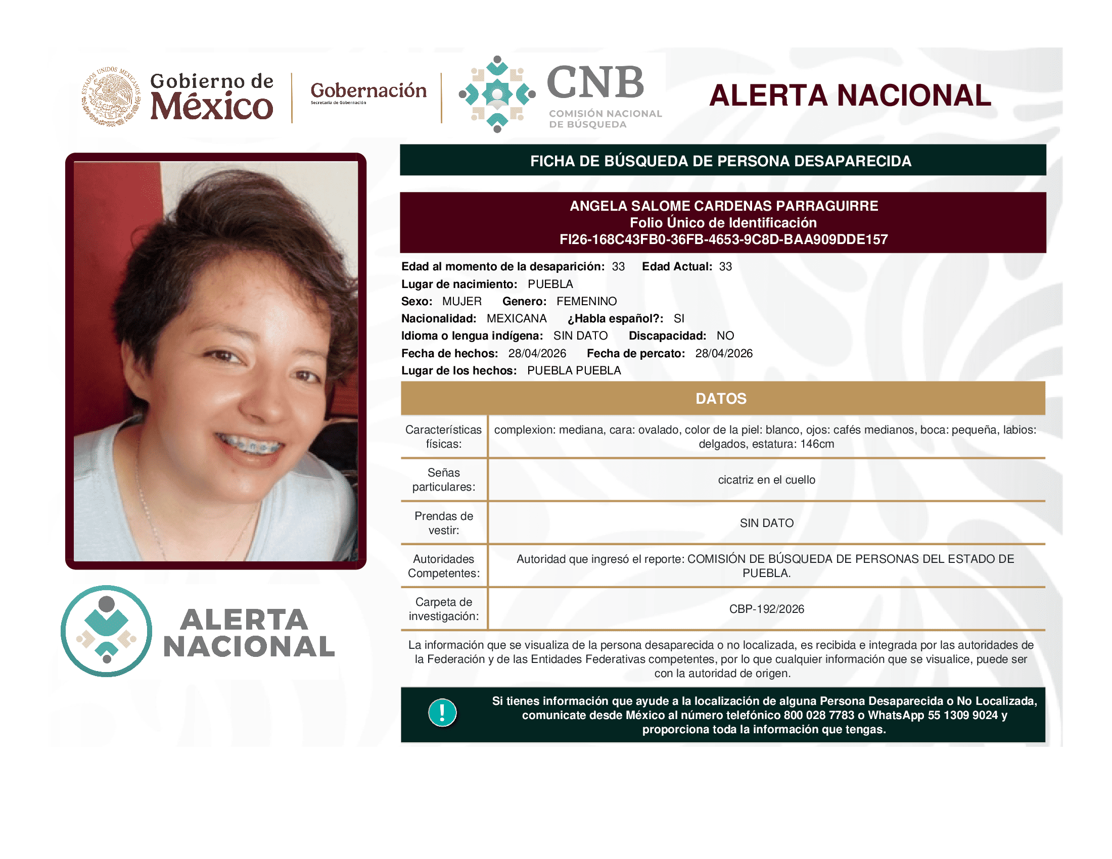 Persona desaparecida Angela Salome Cardenas Parraguirre