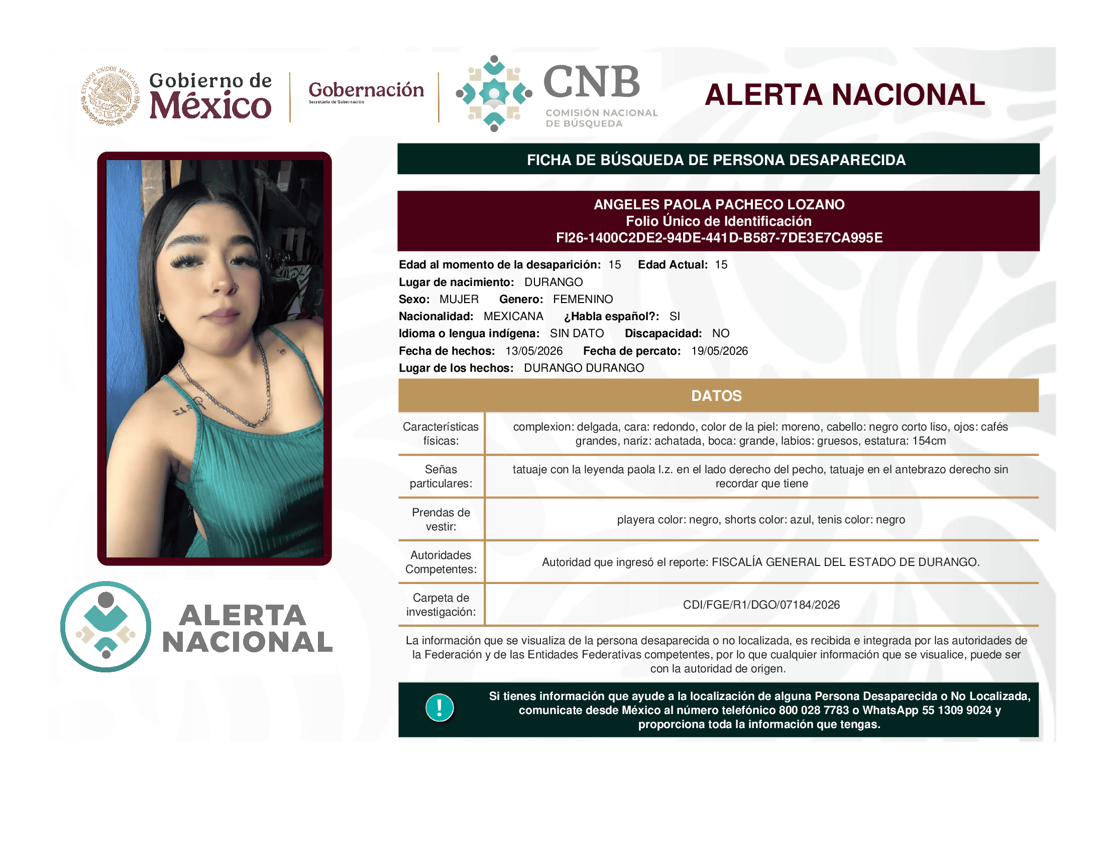 Persona desaparecida Angeles Paola Pacheco Lozano
