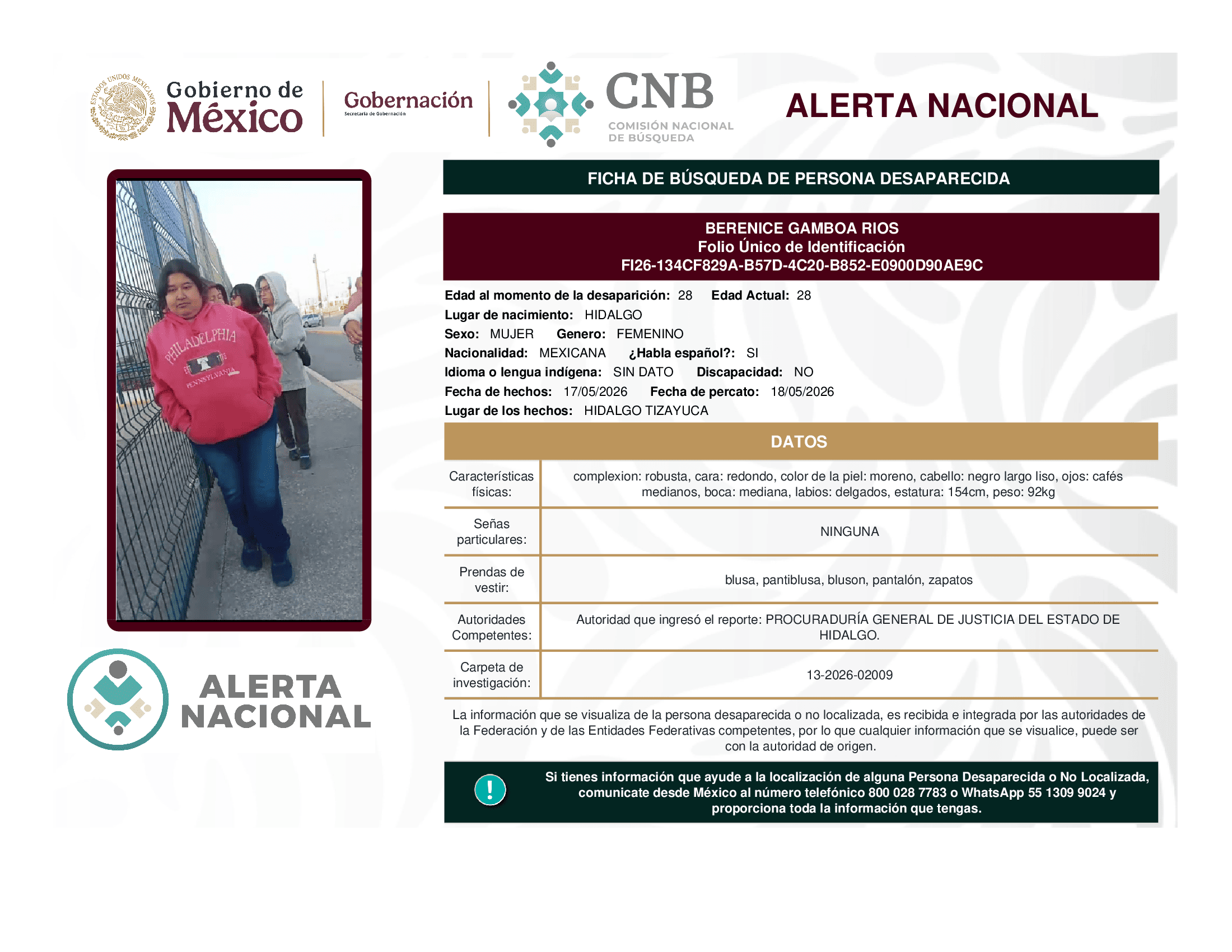 Persona desaparecida Berenice Gamboa Rios
