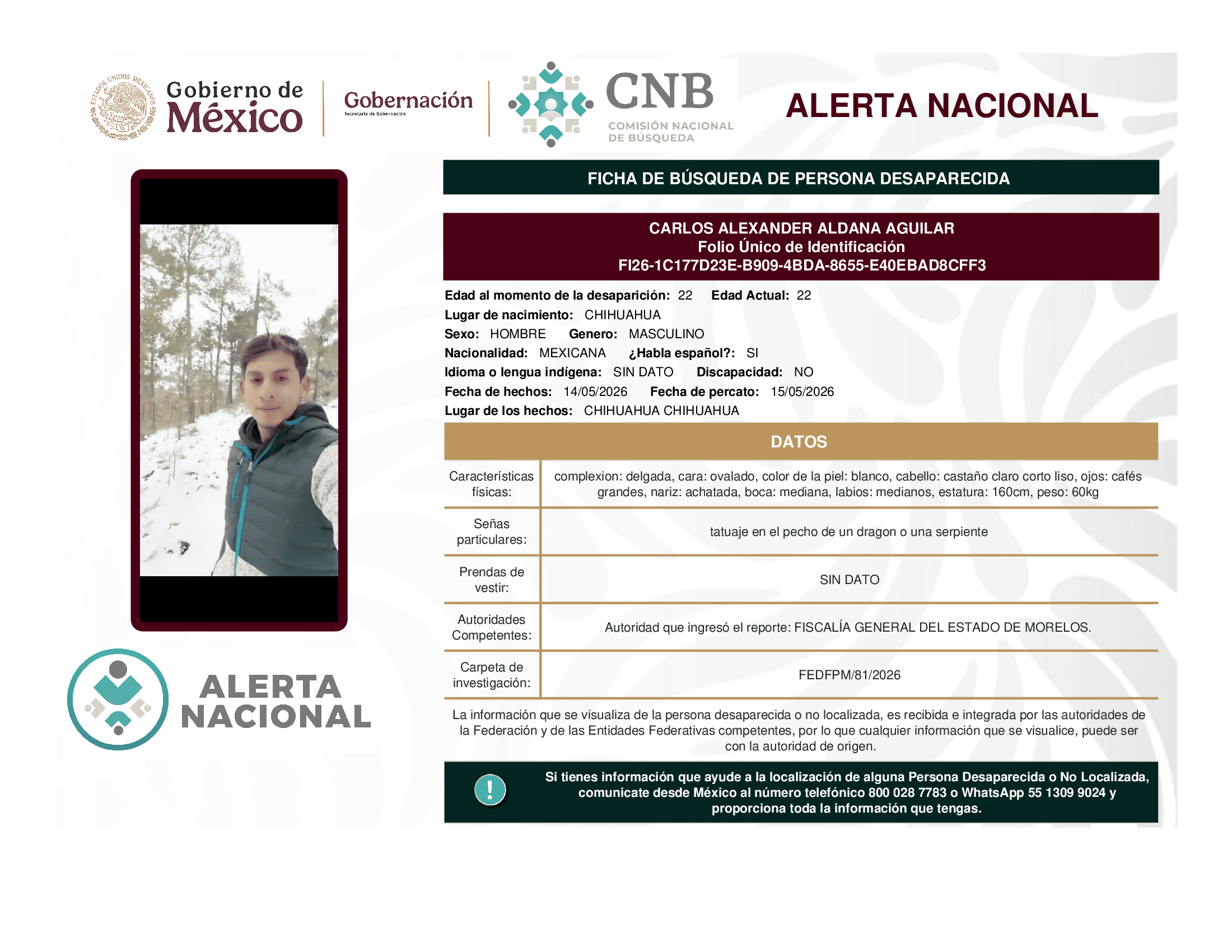 Persona desaparecida Carlos Alexander Aldana Aguilar